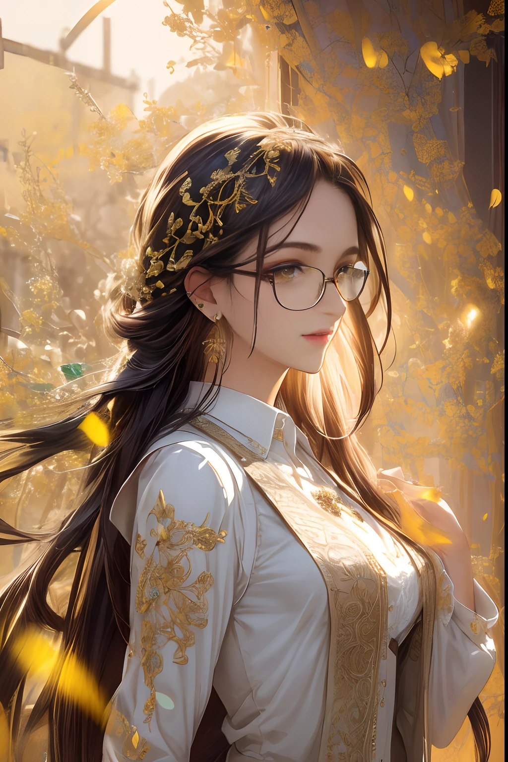 (Masterpiece,Best quality,Supergianthugebreasts_Detailed,A high resolution,absurderes) Solo, Inside the classroom,female focus, mysterious, Extremely gorgeous, 1 mature female, 40 or so, Long brown hair, Floating hair, side locks, Beautiful detailed glass hair, Delicate beautiful face,Wearing glasses, Happy smile, Rainbow colors and colorful eyes (Detailed eyes), Delicate arms and hands, small_Breasts, (Yellow eyes), White skin, Delicate metal decoration, Earrings, Beautifully gorgeous necklace, flowing lace, Surreal, Intricate light, Fluttering orange petals, Lens flare, absurderes, A high resolution, very fine 8KCG wallpapers, Simple background, ((Close-up shot)), (((Modern clothes))) (vest, view the viewer, Collared shirt, Long sleeves, White shirt, Black vest, 耳Nipple Ring).