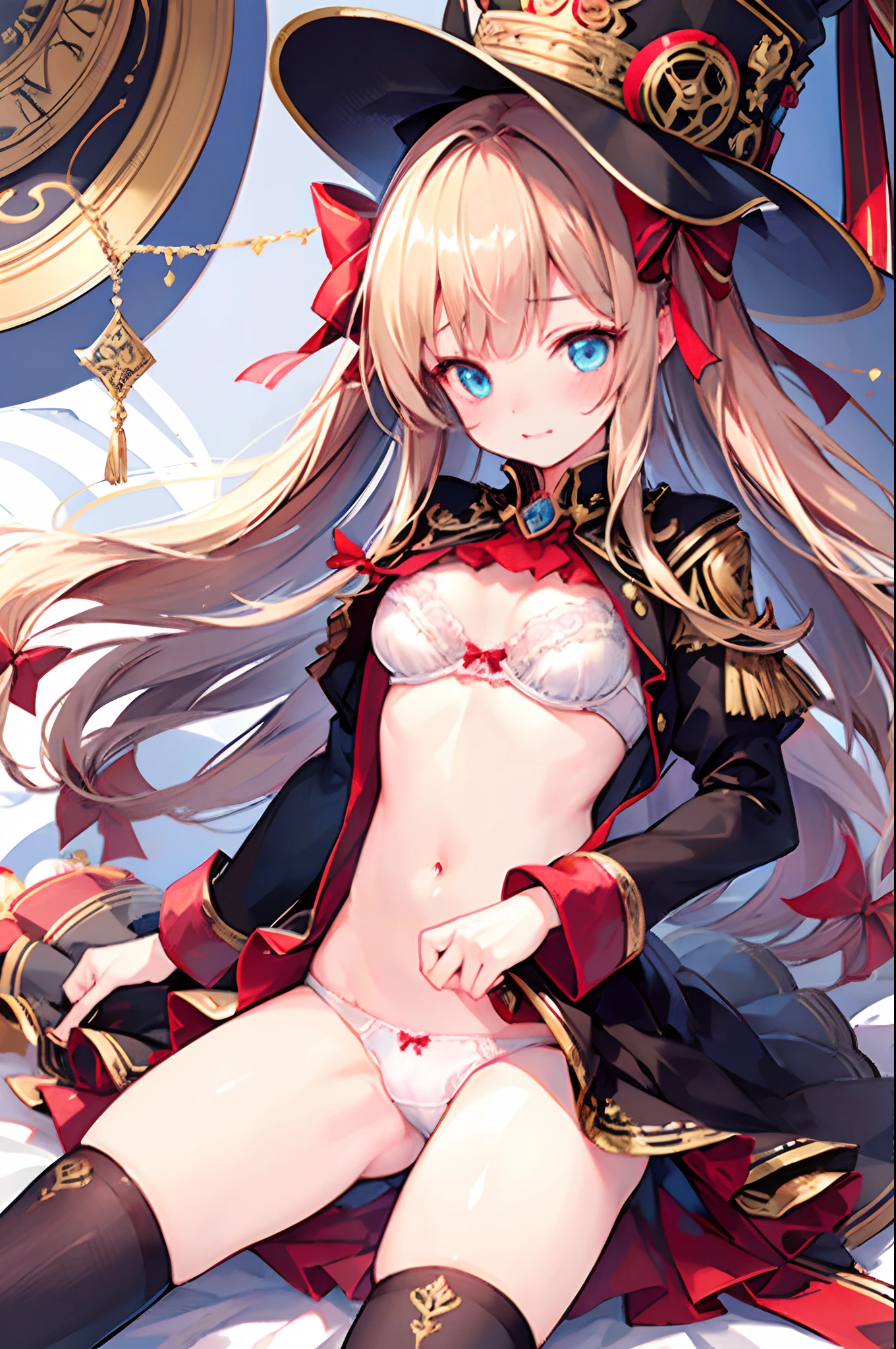 Yukka ende, Yukka uniform, red silk hat, masterpiece, best quality, solo, 1girl, ((blush)), blonde hair, blue eyes, (small red hair bows) , on bed, pillow, sunlight, beautiful face, shining eyes, (undressing), ((middle chest)) ((cute white bra and panties)), ((lying on back)) , (highly detailed background:1.2), more_details:1.5,((masterpiece)),((highest quality)),((8k)),((ultra-detailed)), (close up crotch), embarrassed, ((blush)), portrait, looking up, (((incoming_kiss))), open shirt by self, spread legs, knee lift, crotch seam, cameltoe, wet panties, smile, cowboy shot