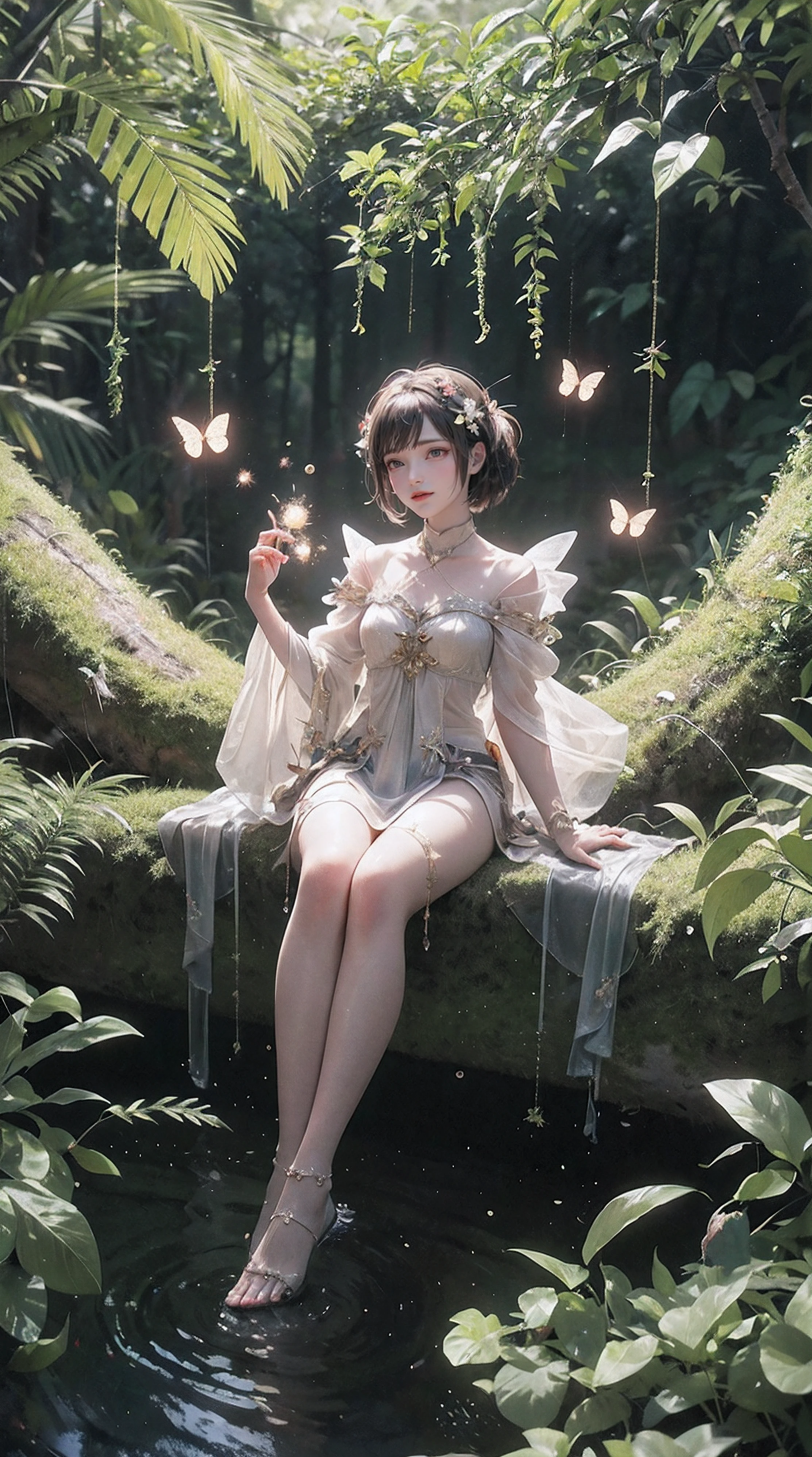 A masterpiece, the best quality, stunning reflections, the best reflections ever. (very detailed CG unity 8k wallpapers), (best quality), (best illustrations), (best shadows), forest theme with natural elements. Tall trees, quiet streams, small glowing mushrooms surrounded by delicate leaves and branches, with fireflies and glowing particle effects,, (natural elements), (jungle theme), (leaves), (twigs), (fireflies), butterflies, (delicate leaves), (glow), (particle effects). , Isometric 3D, Octane Rendering, Ray Traced, Super Detailed