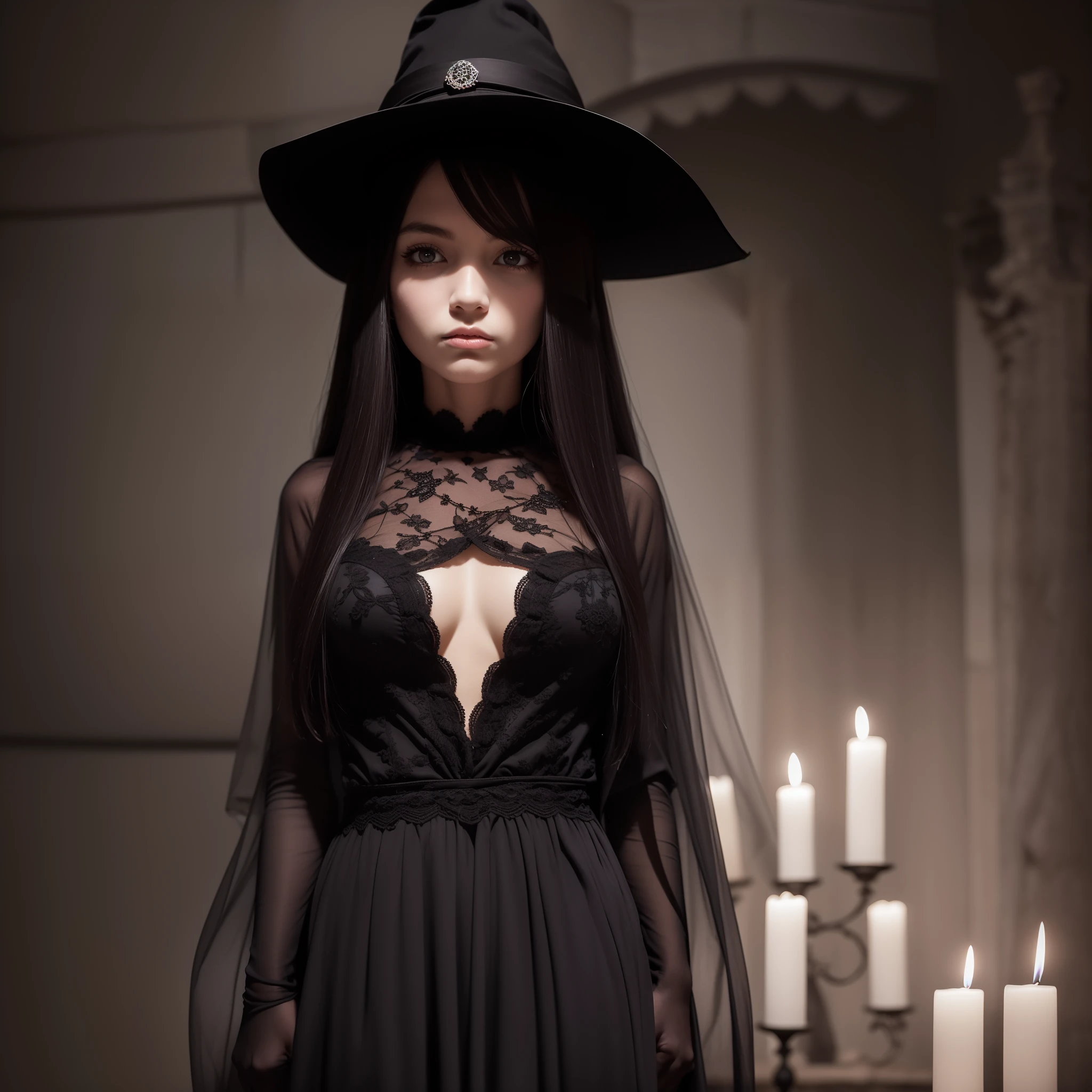 Chiaroscuro, masutepiece, Super Detail, High quality, awardwinning, 8K, girl, Solo, beautiful witch, Black Mysterious Costume, black robes, Black skirt, Black Witch's Hat, Portrait Style, In the basement of a dark old castle, Gothic interior, Spider Web Spread, candle light, Dark lighting, depth of fields, (Dark background:1.4), In a fantastic light, Spooky night, Lonely atmosphere