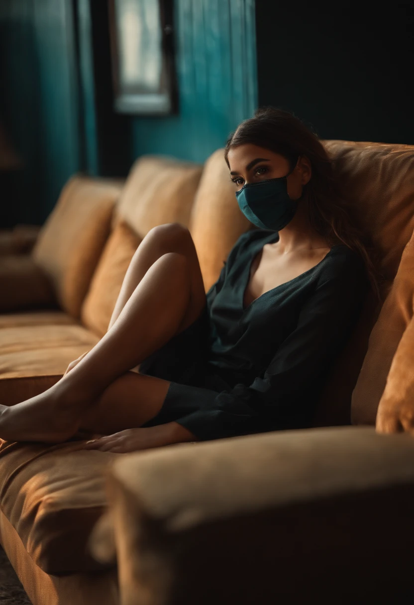 1girl with mask ,sitting on a cozy couch,crossing legs,soft light