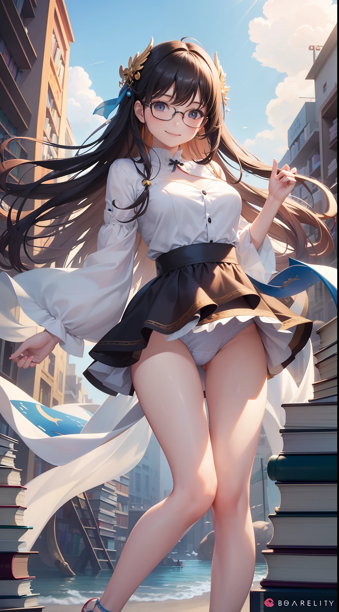 balloons,Winged girl,Large breasts,underdressing,Intimate underwear,sandbeach,blue-sky,baiyun,(Books:1.4),Very many books,Super many books,Long brown hair, Floating hair, side locks, Beautiful detailed glass hair, Delicate beautiful face,Wearing glasses, Happy smile