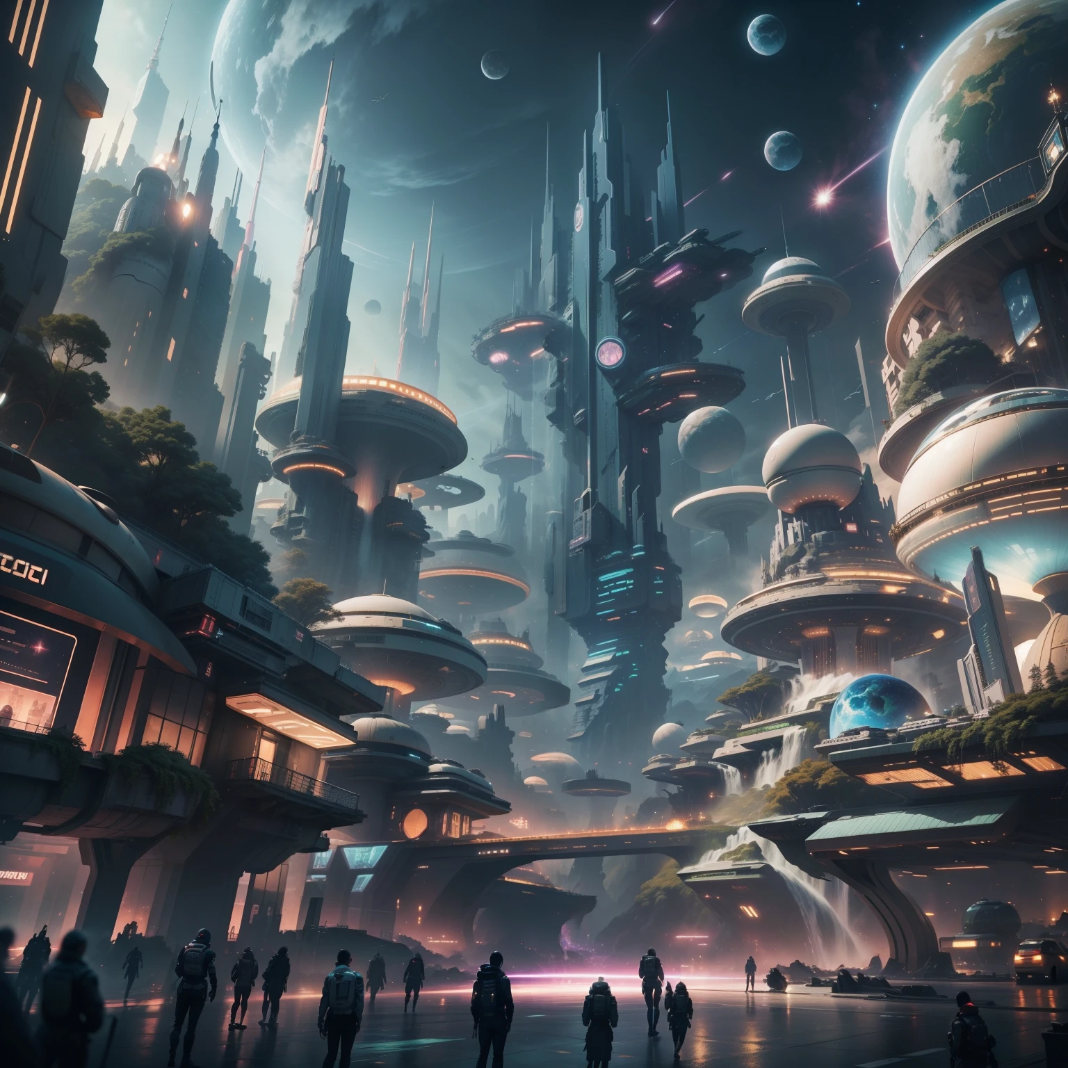 Space City、Futuristic cities、alien、floating in the universe、cyberpunked、The streets are lined with skyscrapers、nighttime scene、A space station、Super giant waterfall、top-quality、​masterpiece、２４century、dream、utopian、planet earth、World of Dreams、Fantasia、𝓡𝓸𝓶𝓪𝓷𝓽𝓲𝓬、Beautiful city