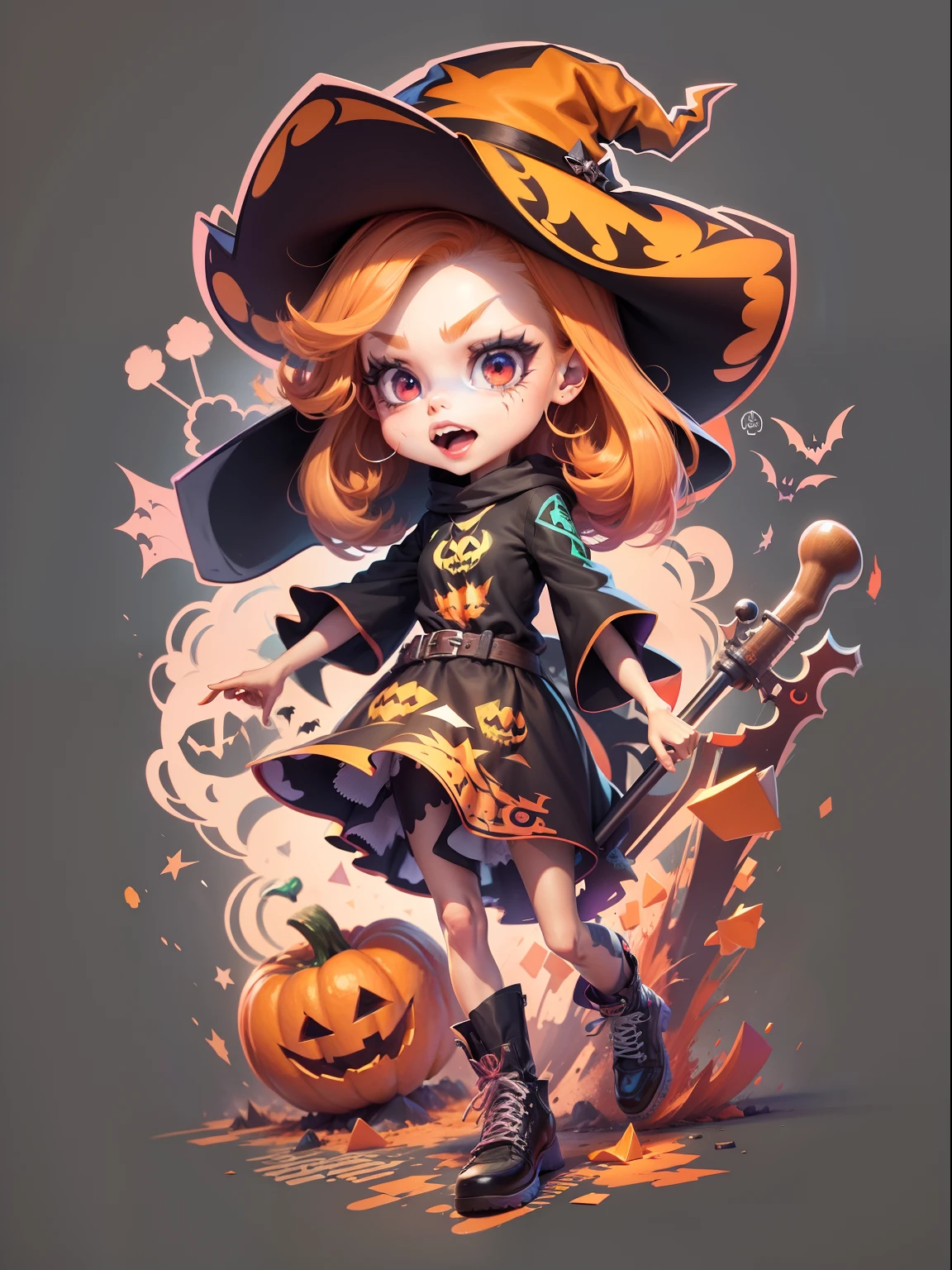 Vector t-shirt, Print-ready colorful graffiti, Illustration of a cute witch, Halloween, action shot, Halloween, high detail, whitebackground