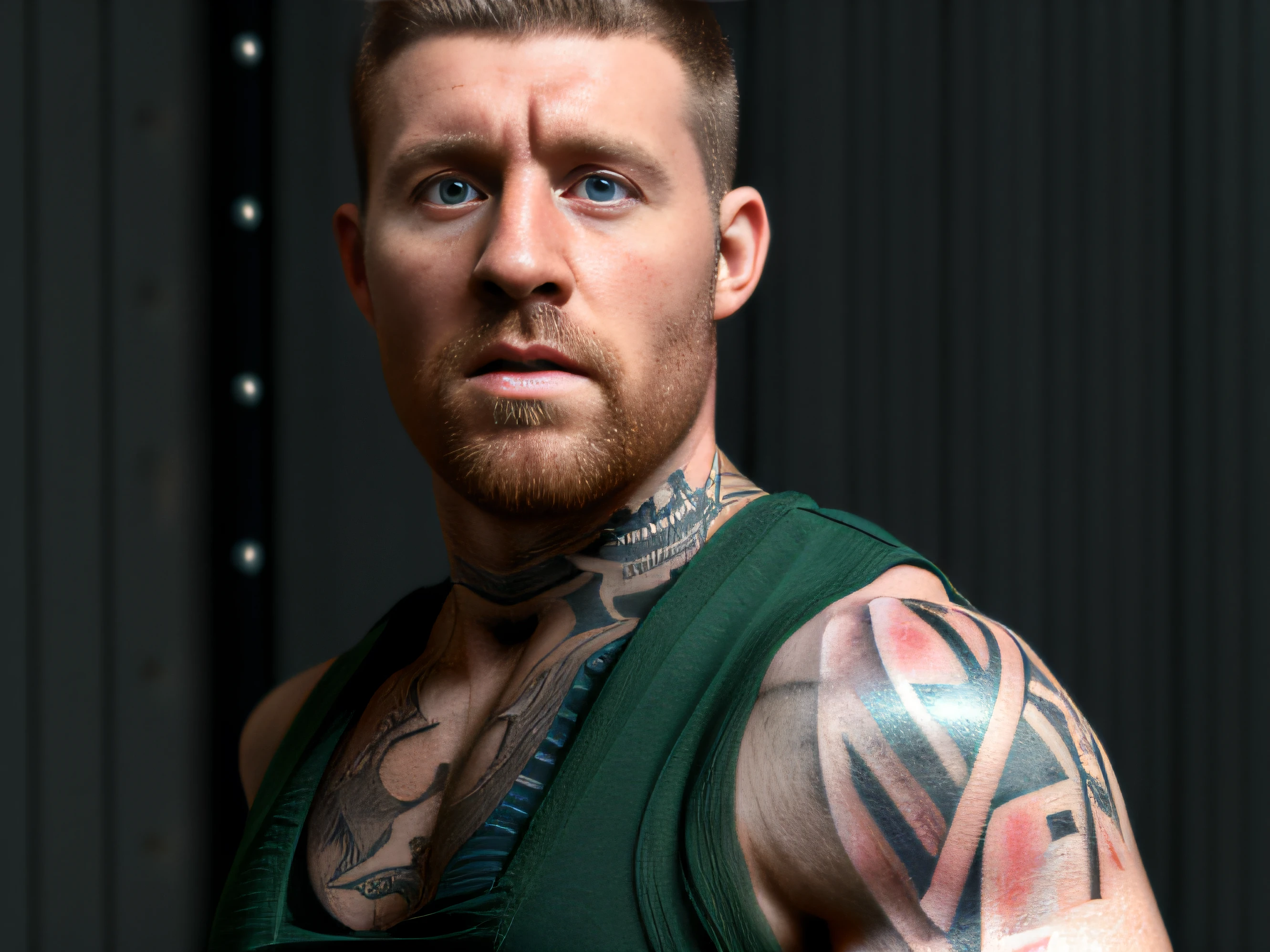 (muscular), irish man, , (35 years old) , (highres, realistic:1.2), detailed face, (detailed tatoos), expressive eyes,