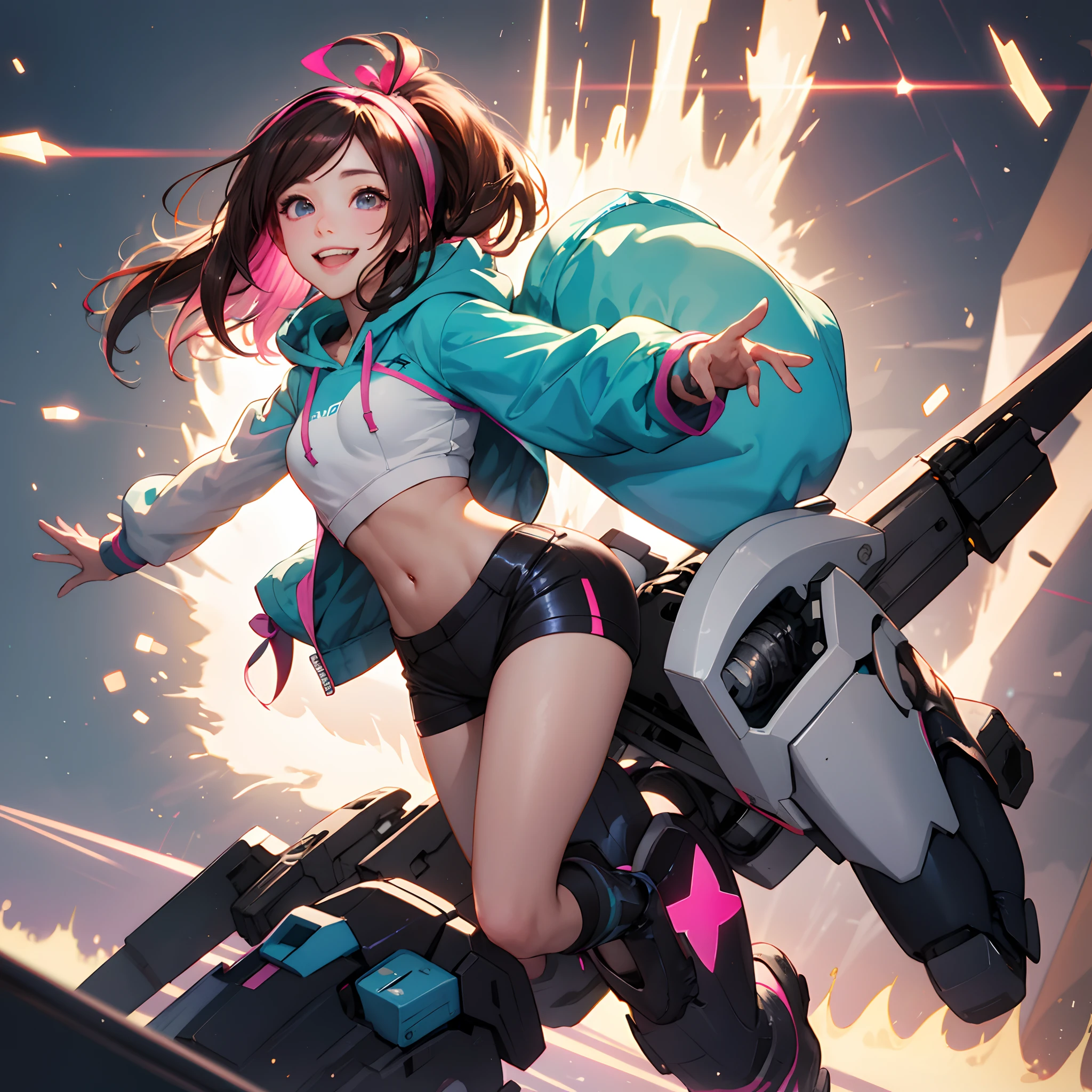 masterpiece, best quality, highres, 1girl, kizuna ai, small breasts ,long hair, brown hair, multicolored hair, floating hair, light blue hairband, pink highlights, streaked hair, smiling, crop hoodie, navel,sexy, giant robot on background