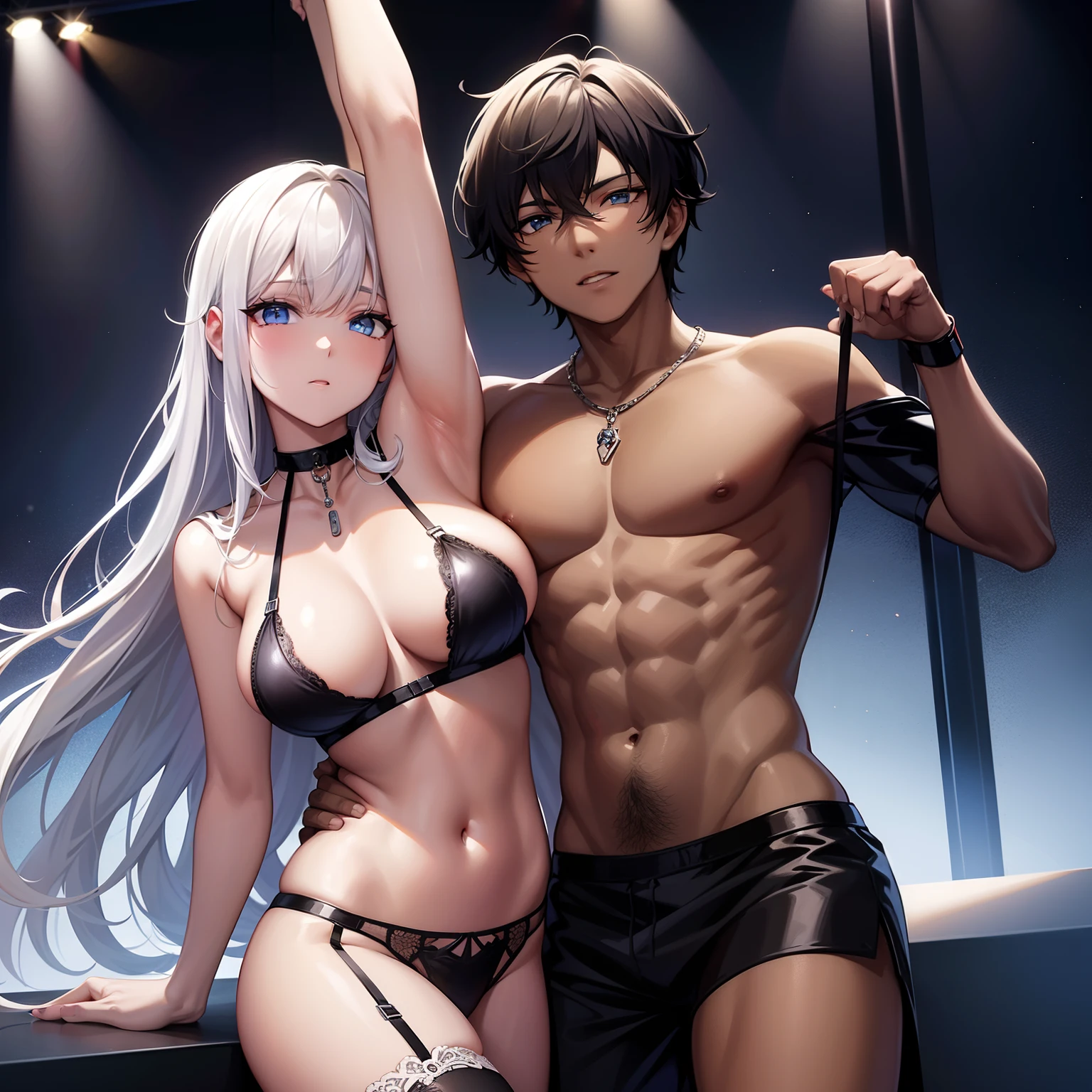 Primeiro homem de pele marrom de cabelos loiros e olhos pretos usando lingerie de cor preta, In a nightclub dancing pole dance alongside another white-skinned man with black hair and blue eyes wearing black lingerie, in a nightclub dancing pole dance, estilo anime s90.