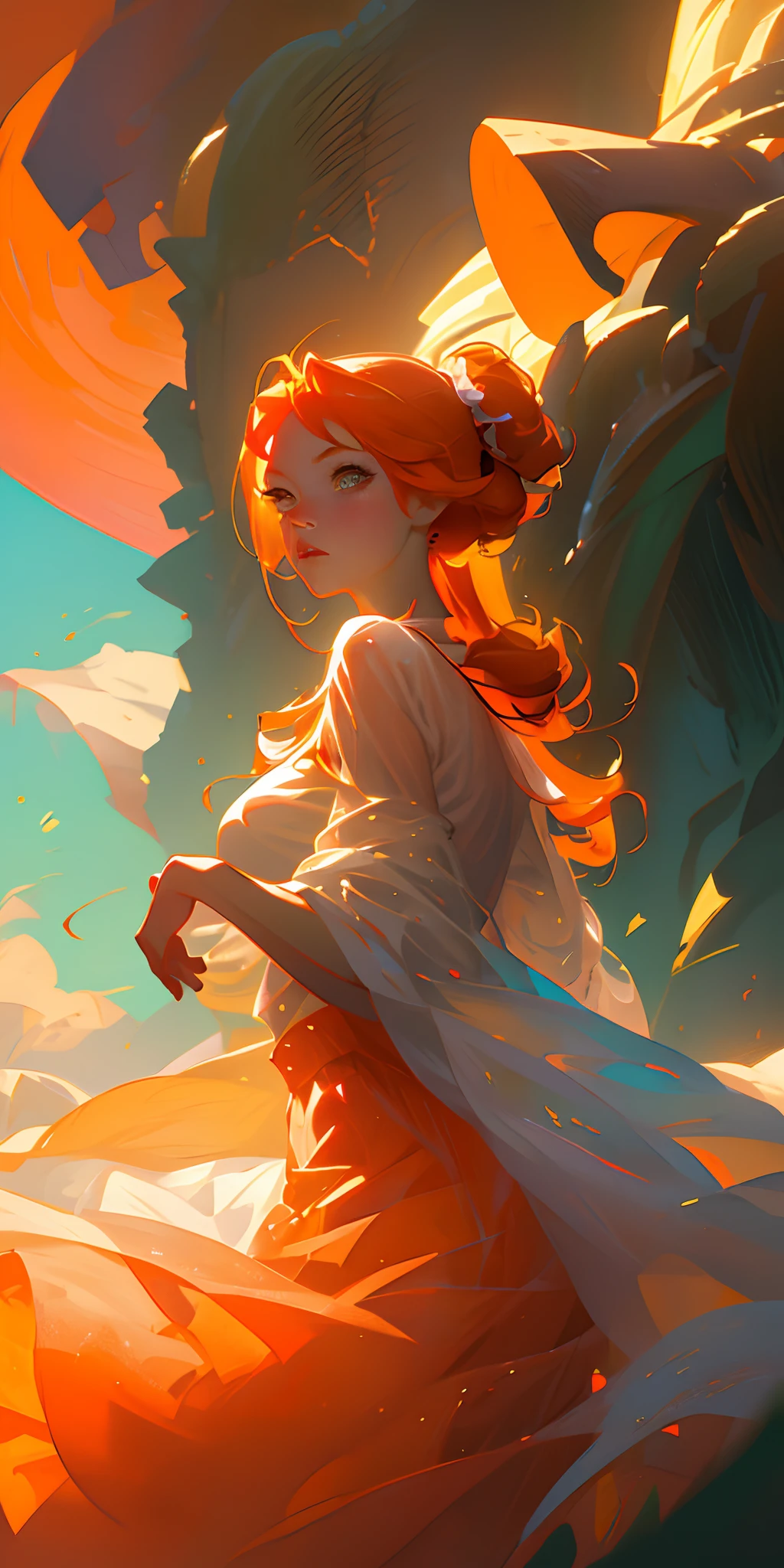 Orange haired girl with a big nose, digital art, anime