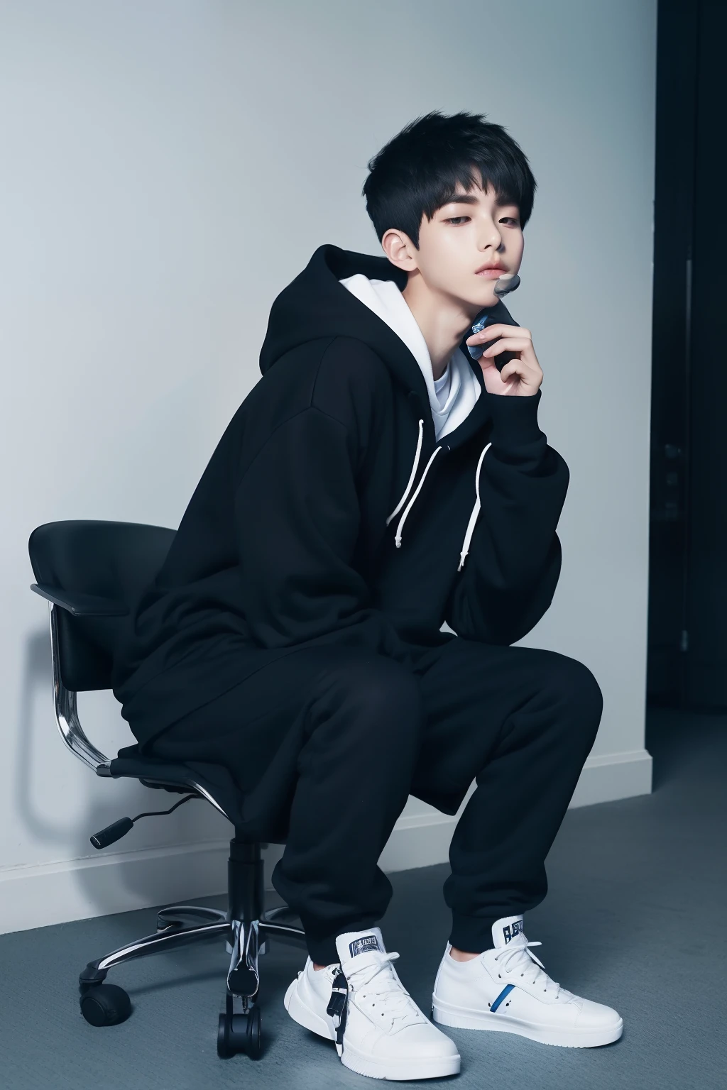 a boy wearing school uniform with hoodie, playing mobile game, headphone on neck,  Hyperrealistic, full body, converse shoes, sitting on chair