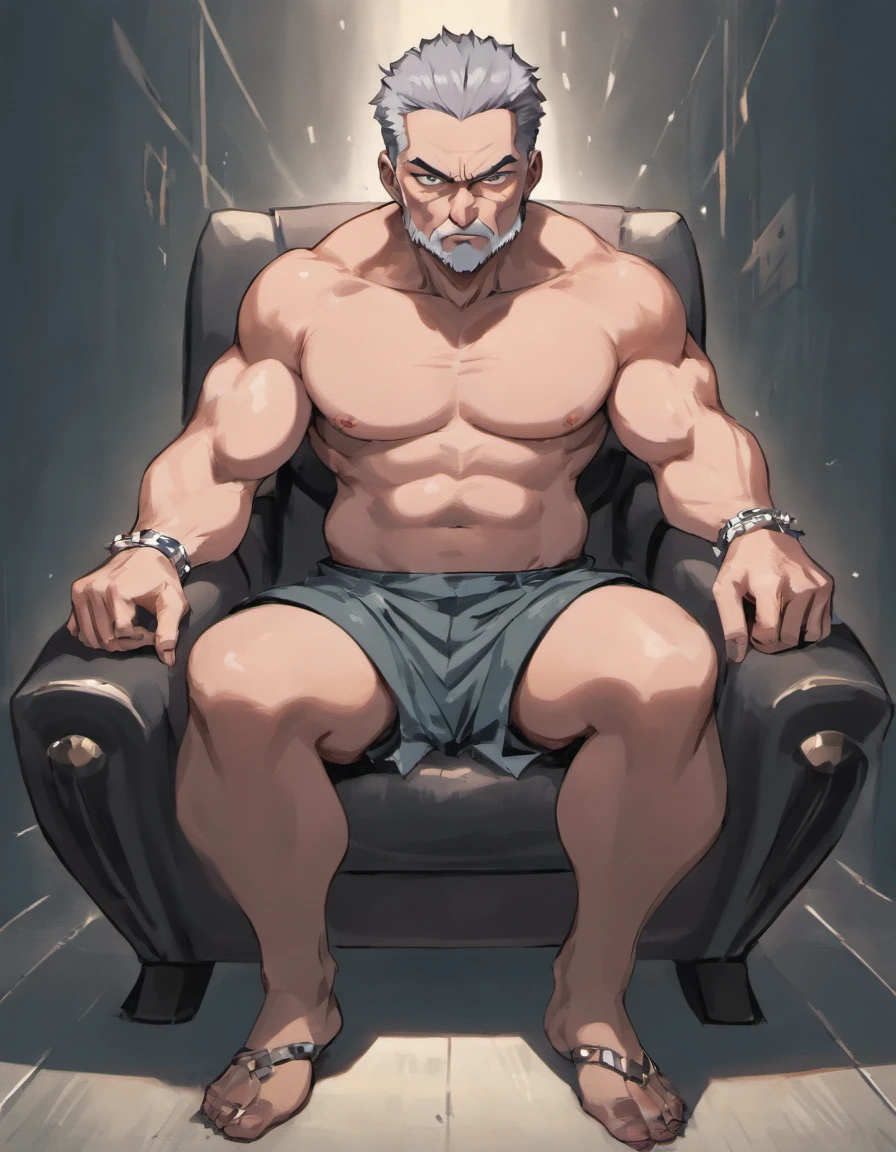 Uncle Shandong, China,male people,he is about 50 years old,Rough and handsome looks,musculature,Oversized muscles,Oversized pectoral muscles,Bare topless,Bare topless,Big waist round,Chest hair,Lay on a beach chair,cyberpunk backgrouns,underwear,Black socks,buzz cut, vred, scowling, Best quality, Masterpiece,(Tattooed with:1.5),(musculous:1.5),(Obese:1.5),(Gray hair:1.5 ),(Gray body hair:1.5),(Skin Wrinkles:1.5),(gloss on the skin:0.5),