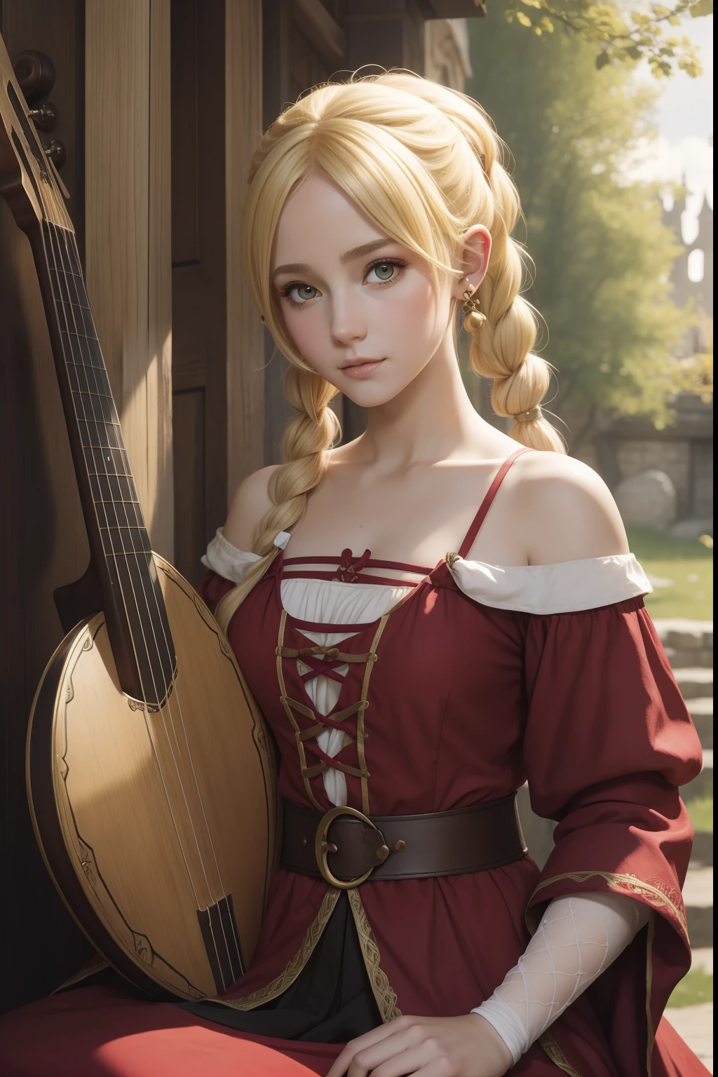 young pretty halfelf woman bard, round ears, medieval fantasy style, detailed, with lute, blonde-red pigtails, shy girl