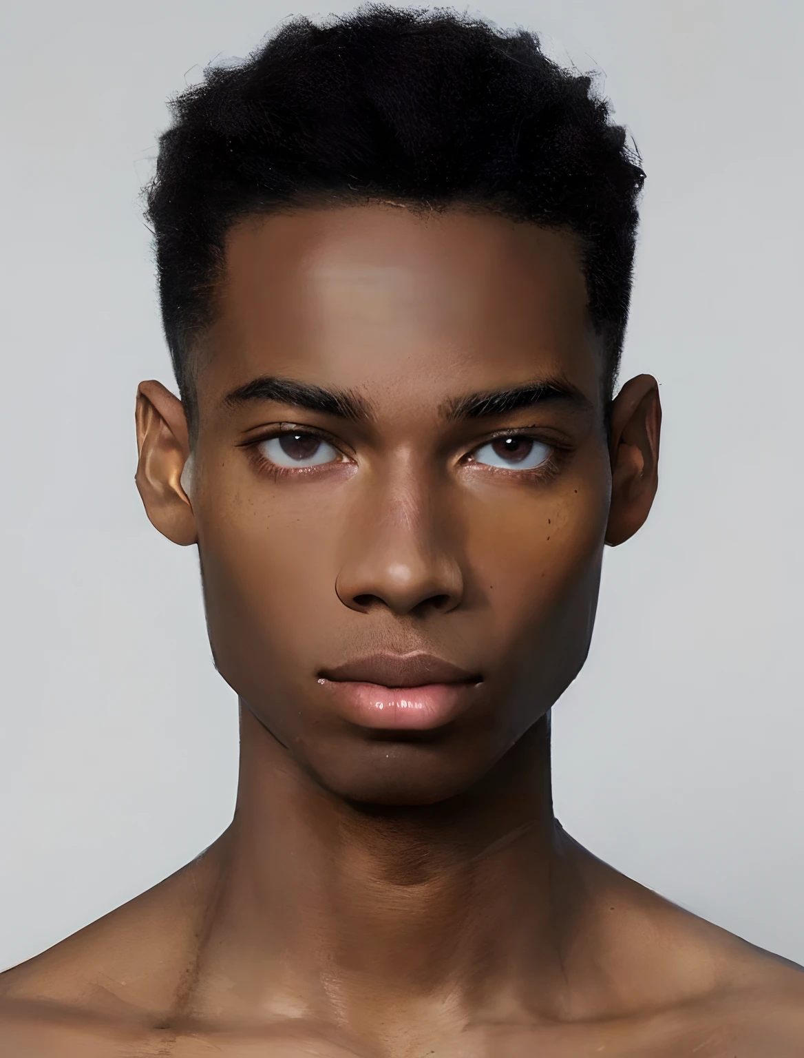 A close-up of a dark-haired, shirtless man, The man has black skin, Photo dans le style de Tyler Mitchell, young slender male, Riyahd Cassiem, male model, peau brune, Dans le style de Tyler Mitchell, Model face, beautifull detailed face, Jeune homme au beau visage, beau visage masculin, Detailed perfect face, with textured hair and skin