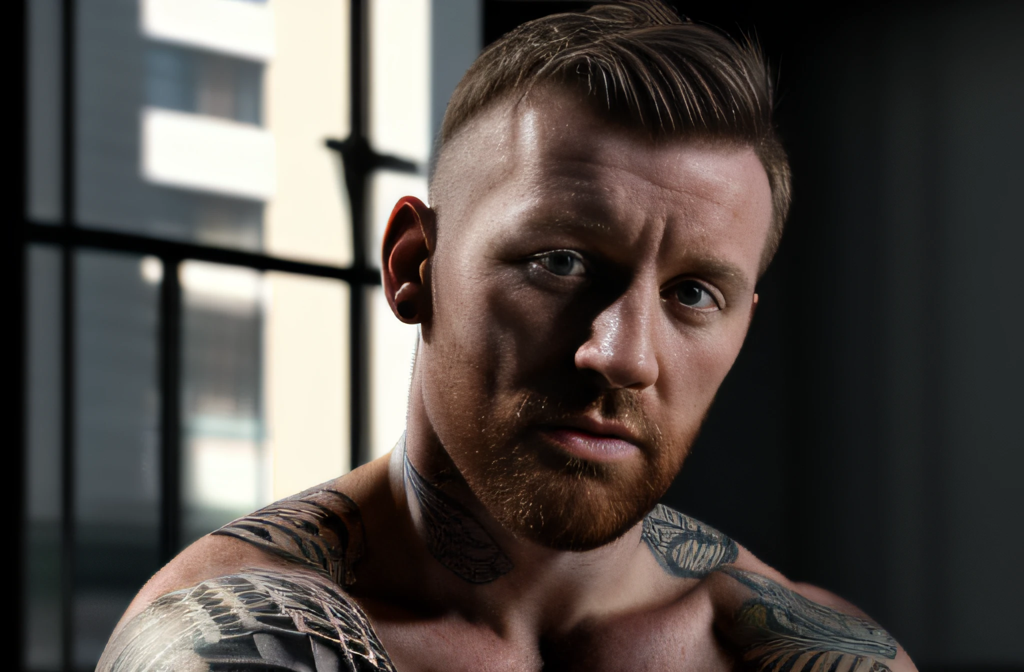 (muscular), irish man, , (35 years old) , (highres, realistic:1.2), detailed face, (detailed tatoos), expressive eyes,