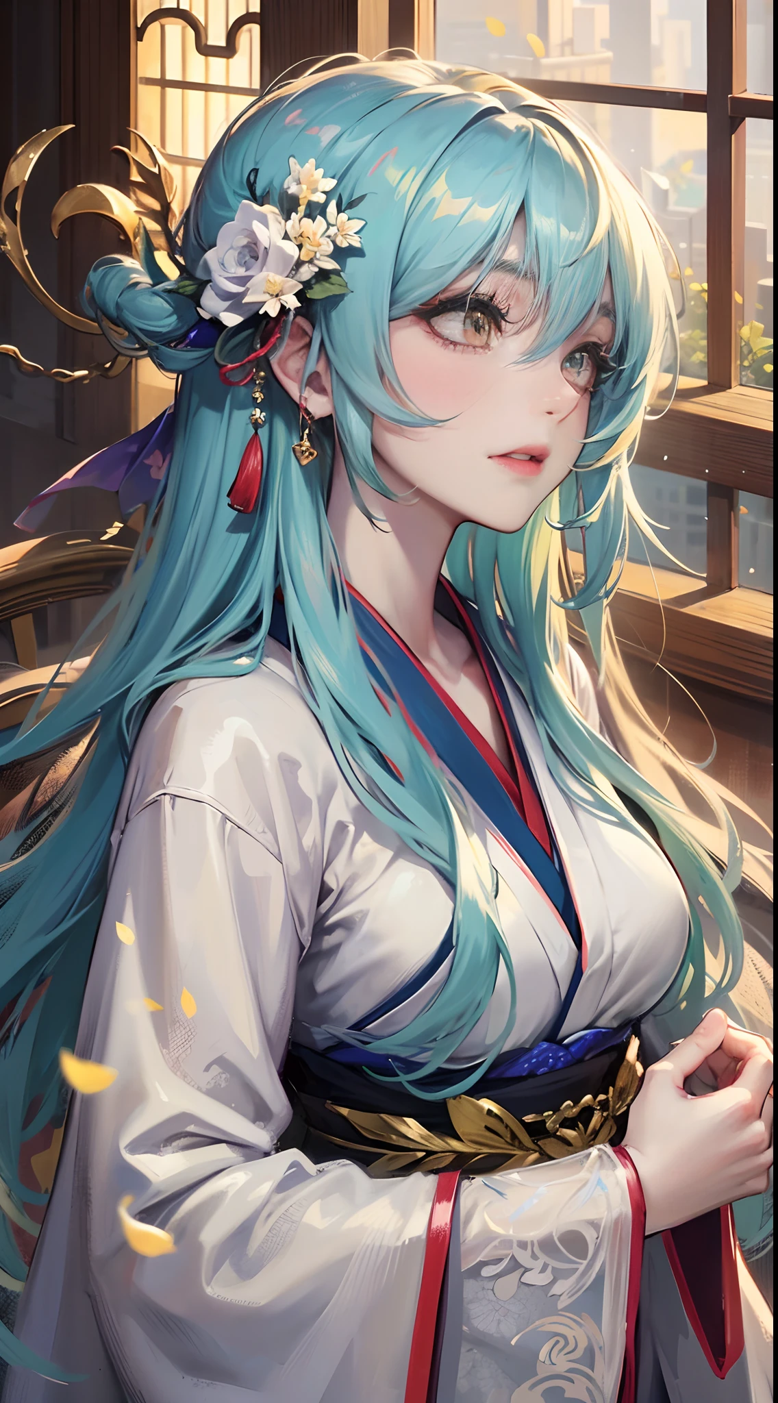 Masterpiece, light blue long-haired beauty, absolutely beautiful, complex and gorgeous hair accessories, wearing beautiful and gorgeous Hanfu, golden eyes, long eyelashes, highlights, withered petals, beautiful, charming, perfect, super clear, HD