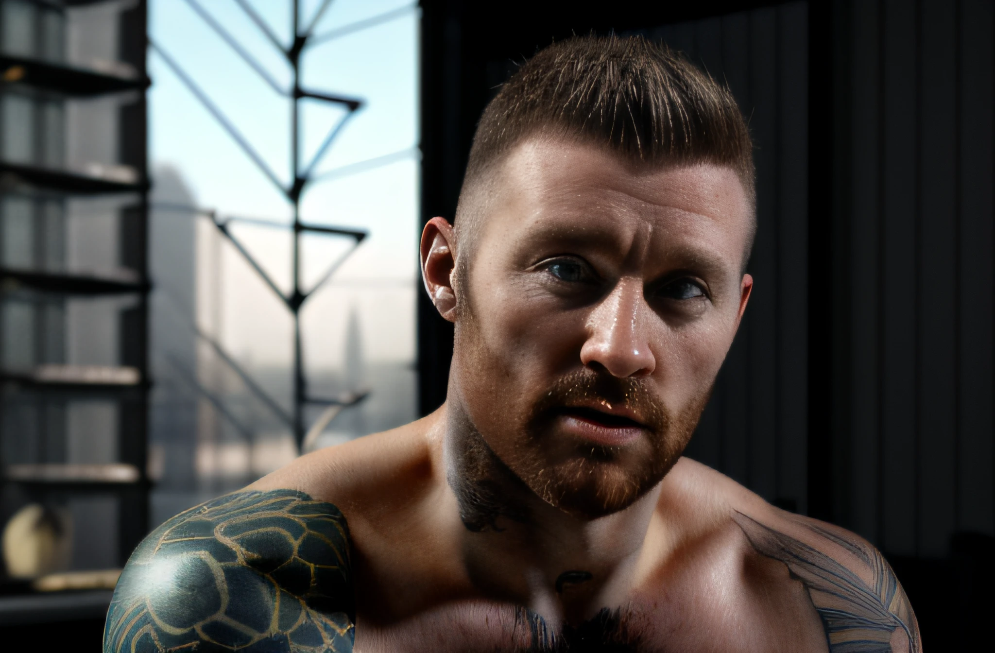 (muscular), irish man, , (35 years old) , (highres, realistic:1.2), detailed face, (detailed tatoos), expressive eyes,