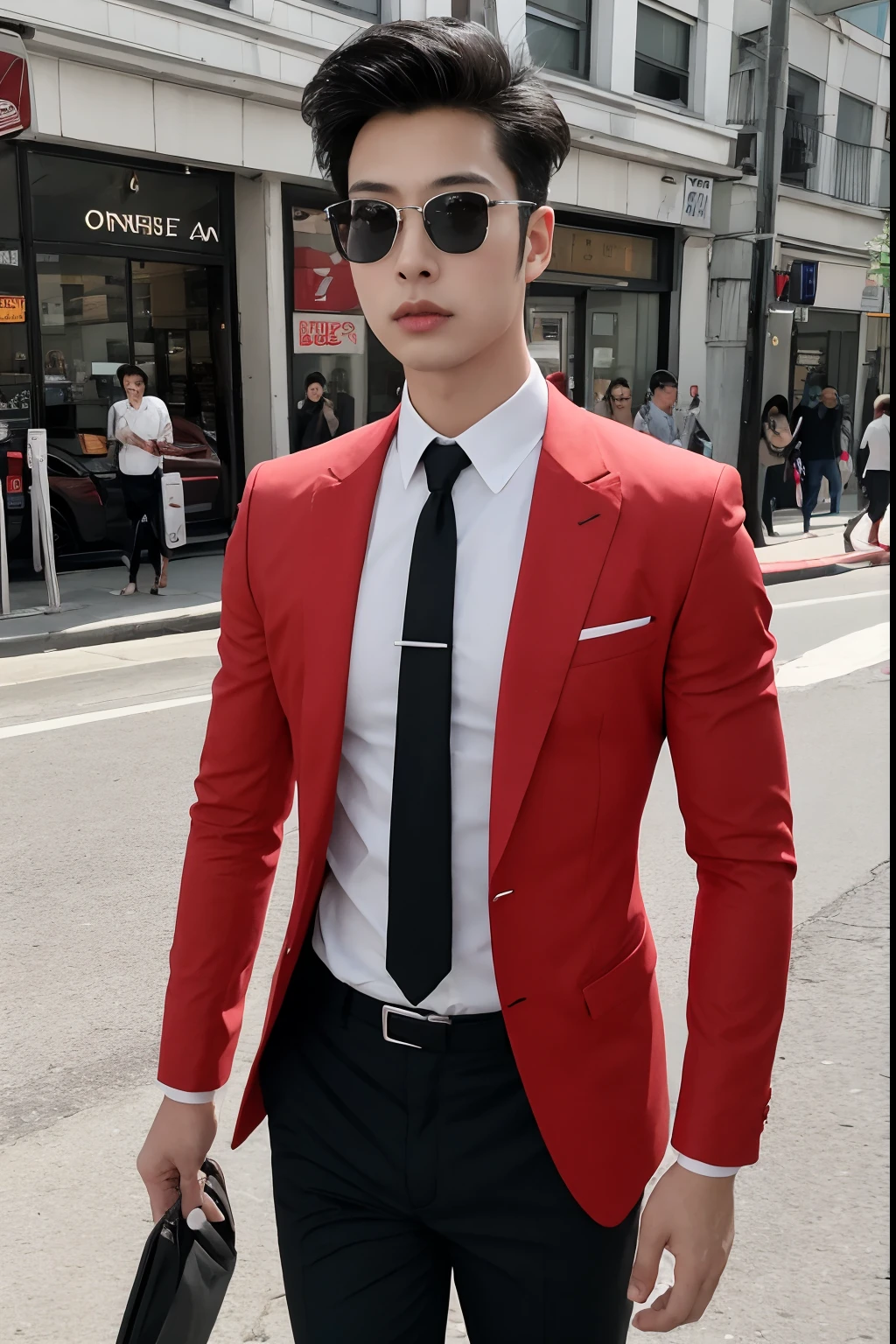 Asian male model on the street，and his wedding car，Cool red car，SLR in hand，Suit tie