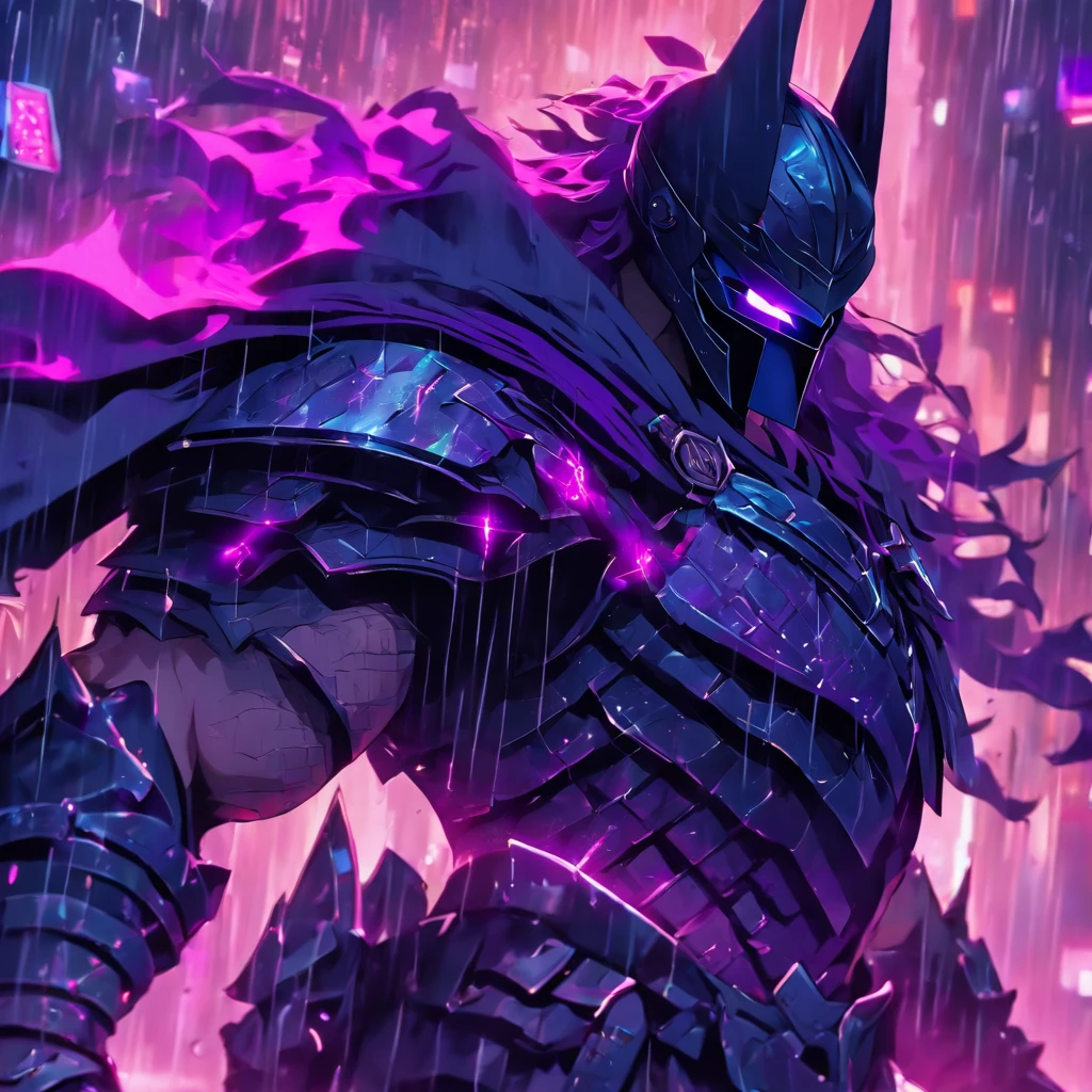 arafed knight with a purple sword in the rain, cyberpunk knight, fantasy style 8 k octane render, amazing 8k character concept art, concept art. 8 k, 4k concept art and hyper realism, trending on artstation.', 8 k high detail concept art, cyberpunk batman, menacing. unreal 5, trending on artstation:3, cyberpunk gladiator