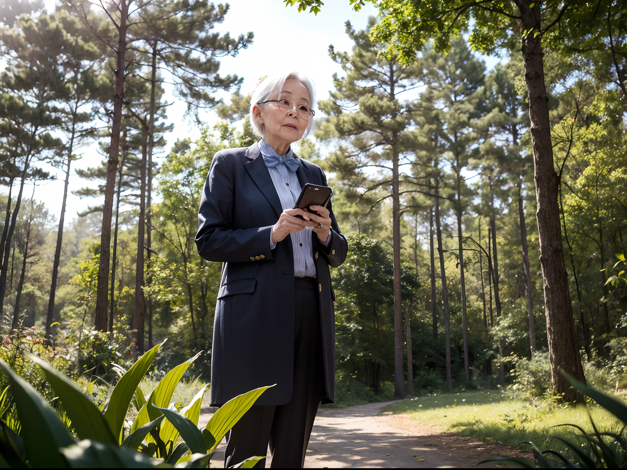 A old woman teaches wears monocle. Listening to her is are the little animals of the forest. Gentle sunshine in the forest square, the spring by the side sparkles.