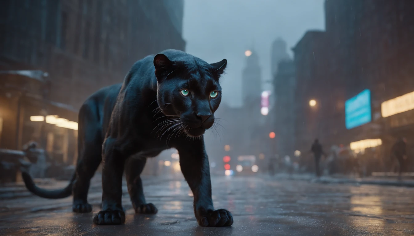 Panther Photos((Tiere)) Futuristic in the middle of the photo, hyper realistic photography, metalic, Professional photo of futuristic robot panther with various modifications, Metal claws, synthetic fur, Bionic hind limbs, ((super realistic details)), Cybernetic Eyes, scientific fiction, Fictional scenario science, (natta), natural soft light, Cyberpunk, futuristic cities, cyberpunkcity, neon signs, ighly detailed, (highly detailed back ground), Different buildings on the background, Billboard advertisement in the background of the side of the building, detailed texture, Wide Angle, Rain at night, In rainbow light, extremely detailed picture, Vivid and beautiful colors, Photorealistic images, 8K, Ultra HD | |, Unreal Rendering Engine, Cinematic lighting,Realistic proportions, film grains, Photo Raw, (Lateral face).