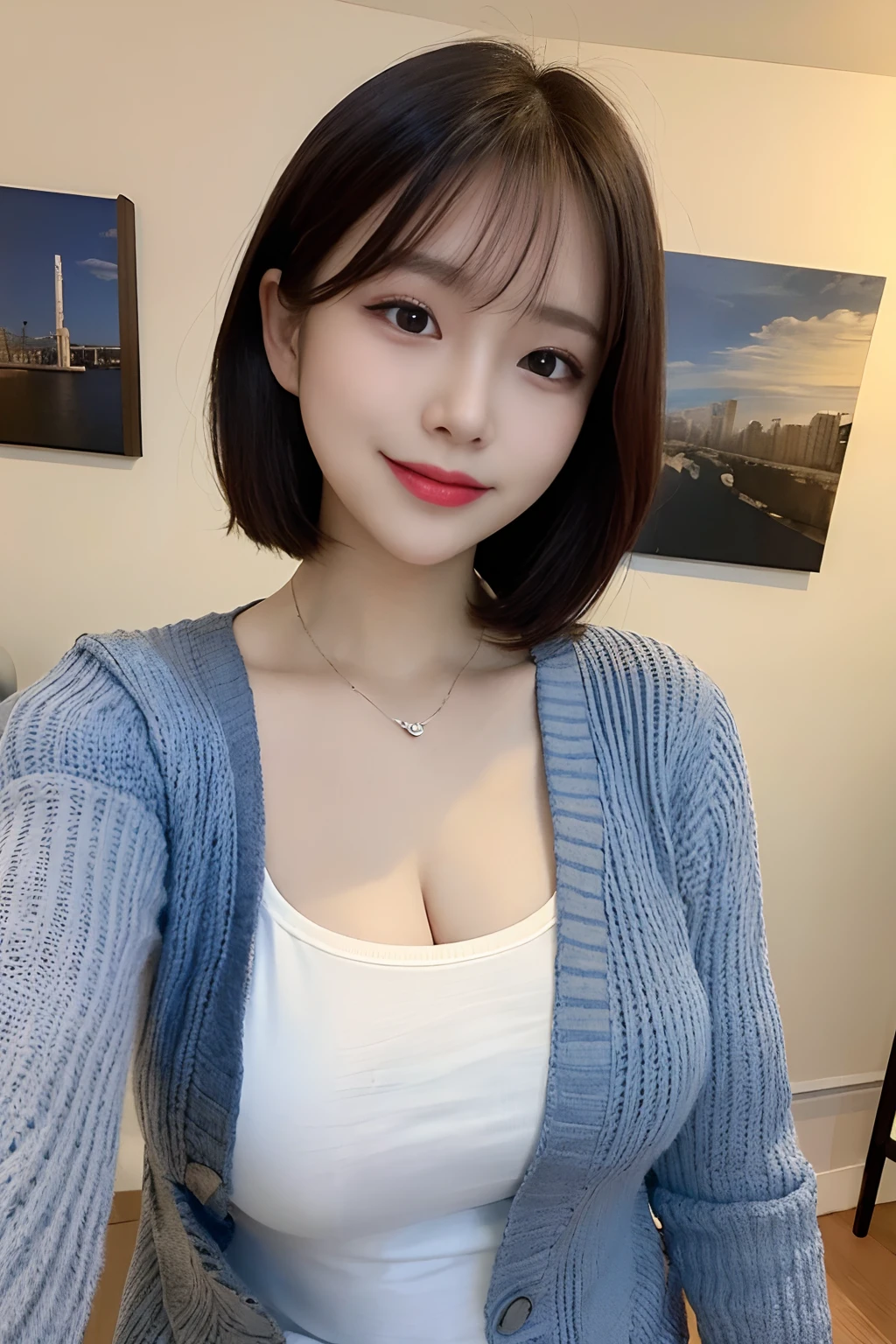 ((Top Quality, 8K, Masterpiece:1.3)), Detailed Woman:1.3, (Medium Shorthair, Big Breasts:1.2), Cardigan:1.1, Ultra Detailed, Detailed, Eyelids
