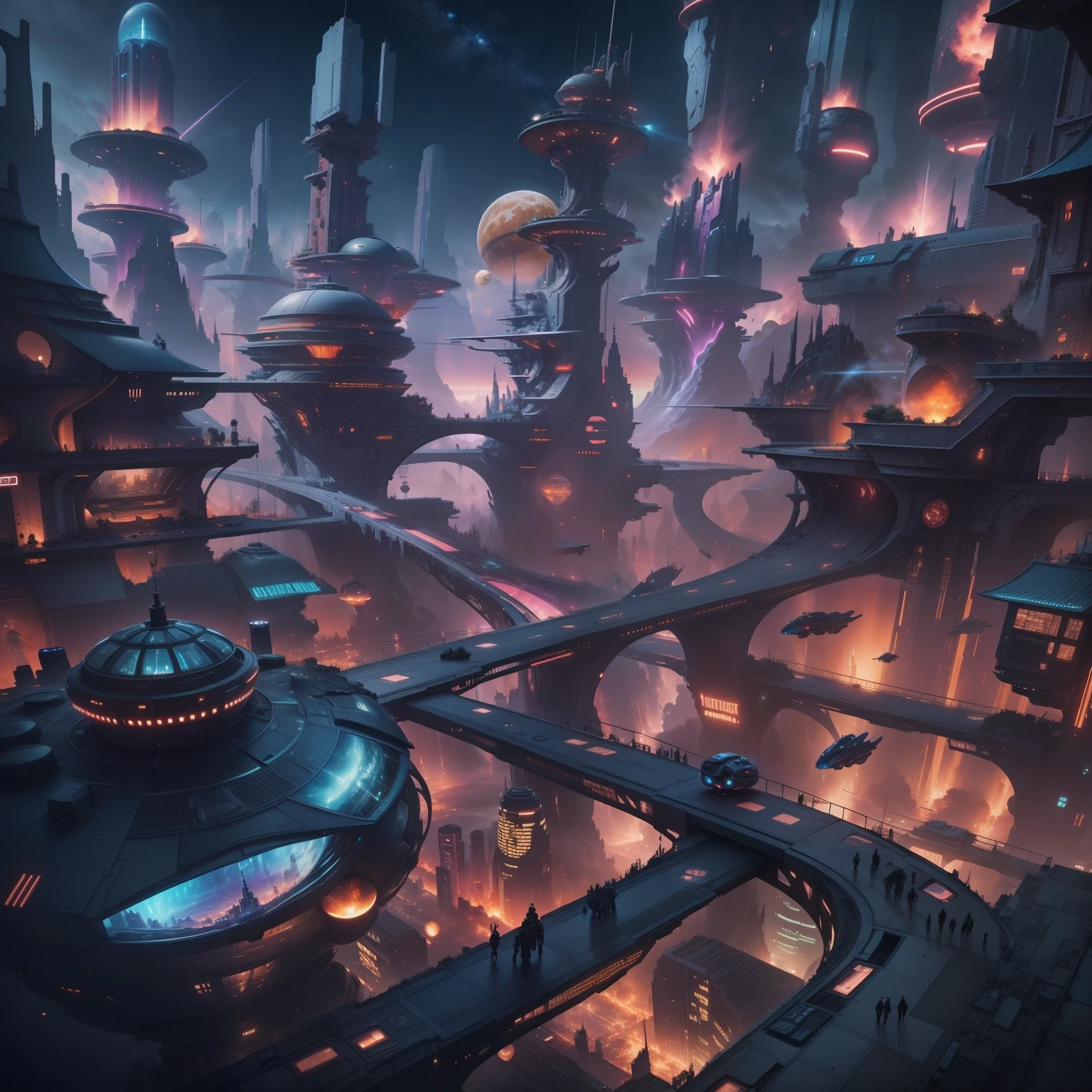 Space City、Futuristic cities、alien、floating in the universe、cyberpunked、The streets are lined with skyscrapers、nighttime scene、A space station、Super giant waterfall、top-quality、masterpiece、24century、dream、utopian、planet earth、World of Dreams、Fantasia、𝓡𝓸𝓶𝓪𝓷𝓽𝓲𝓬、Beautiful city
