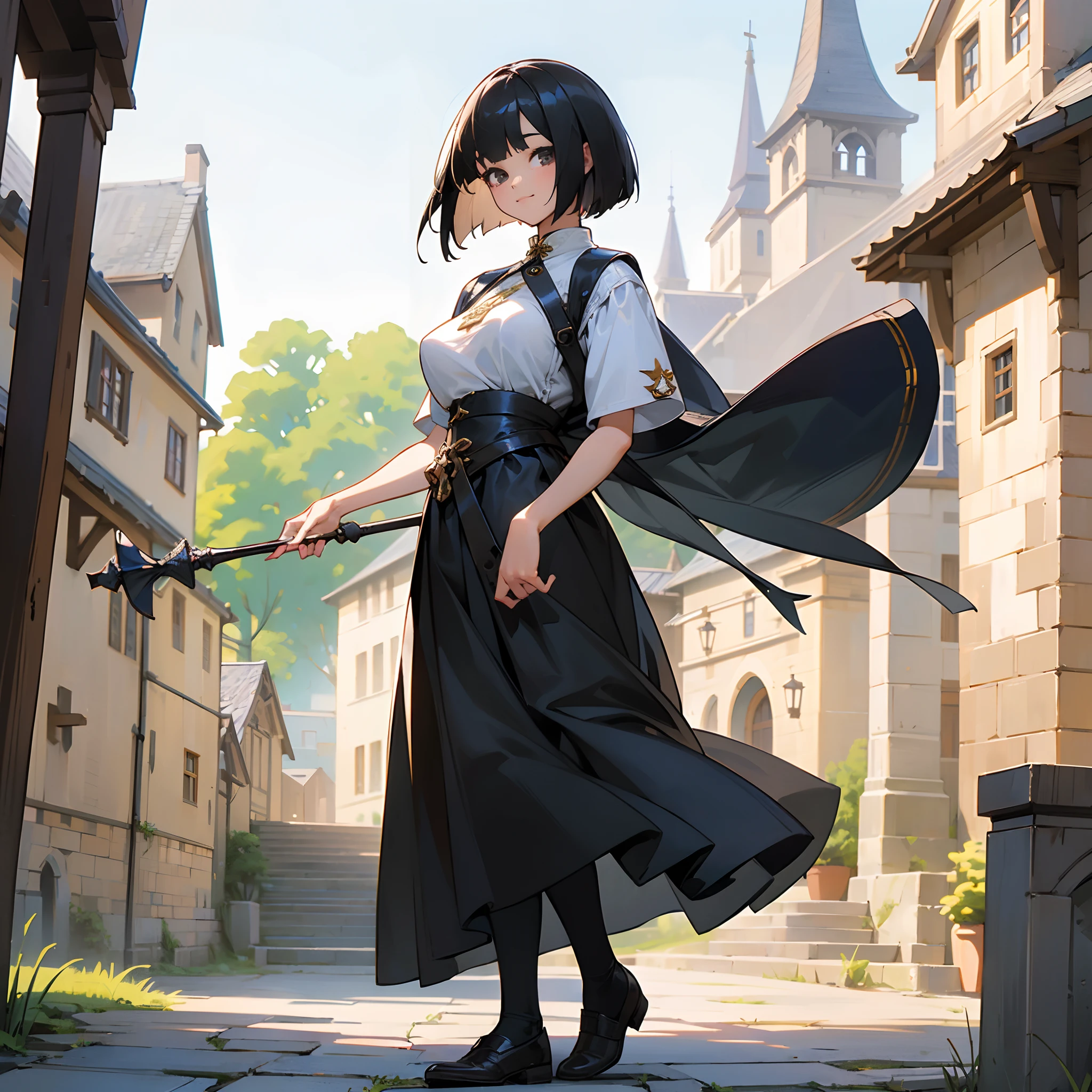 With the best image quality、 girl standing alone outdoors。In high resolution、Beautiful fine details、tranquil atmosphere。((Black Hair Bob Hair))、Cute smile。(((breasts are large)))、I don't have anything in my hands、realistic hand、(Medieval European national costume with short sleeves)、Medieval European Streets、Leather shoes。