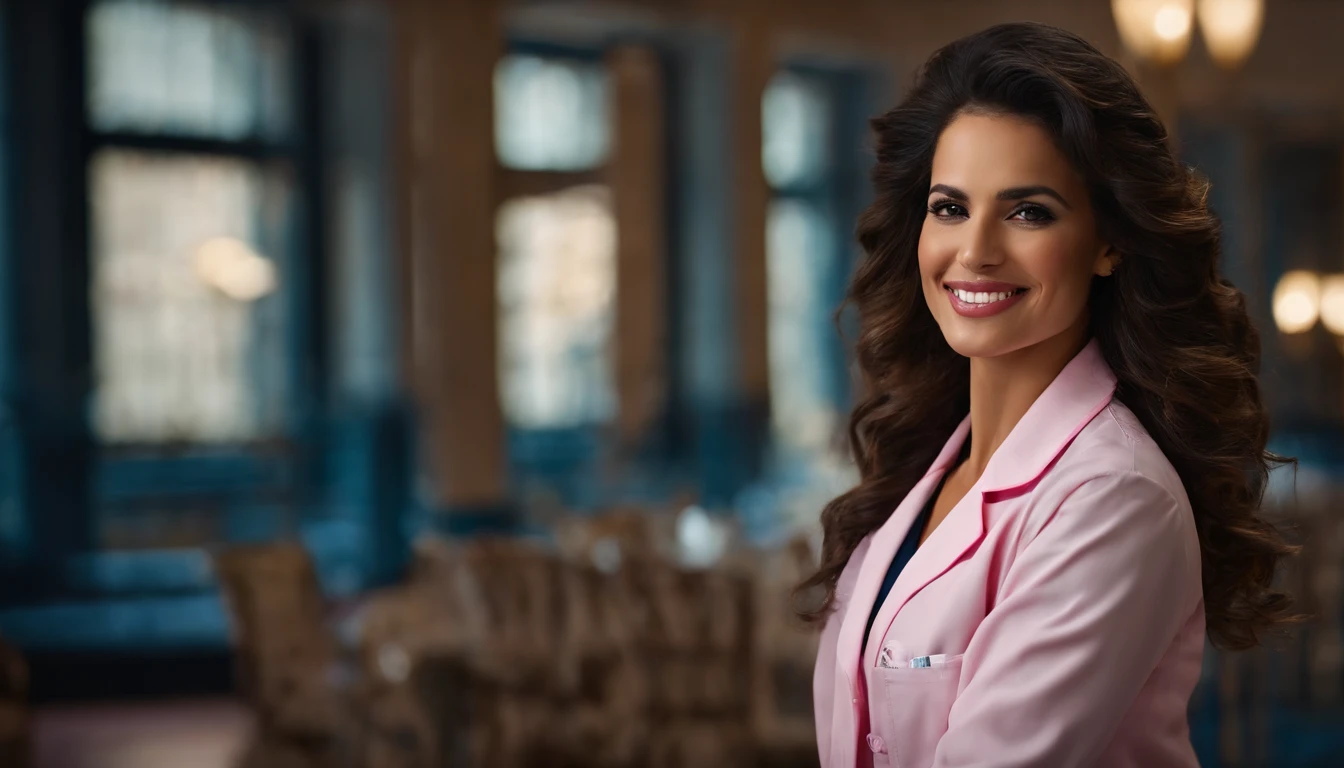 jovem latina ((ultra realistic:1.2)), smiling a lot in navy blue lab coat and light pink pants, no banheiro extremamente brilhante, (Clouse-Up), Rosto Fechado, DSLR, 100 millimeters