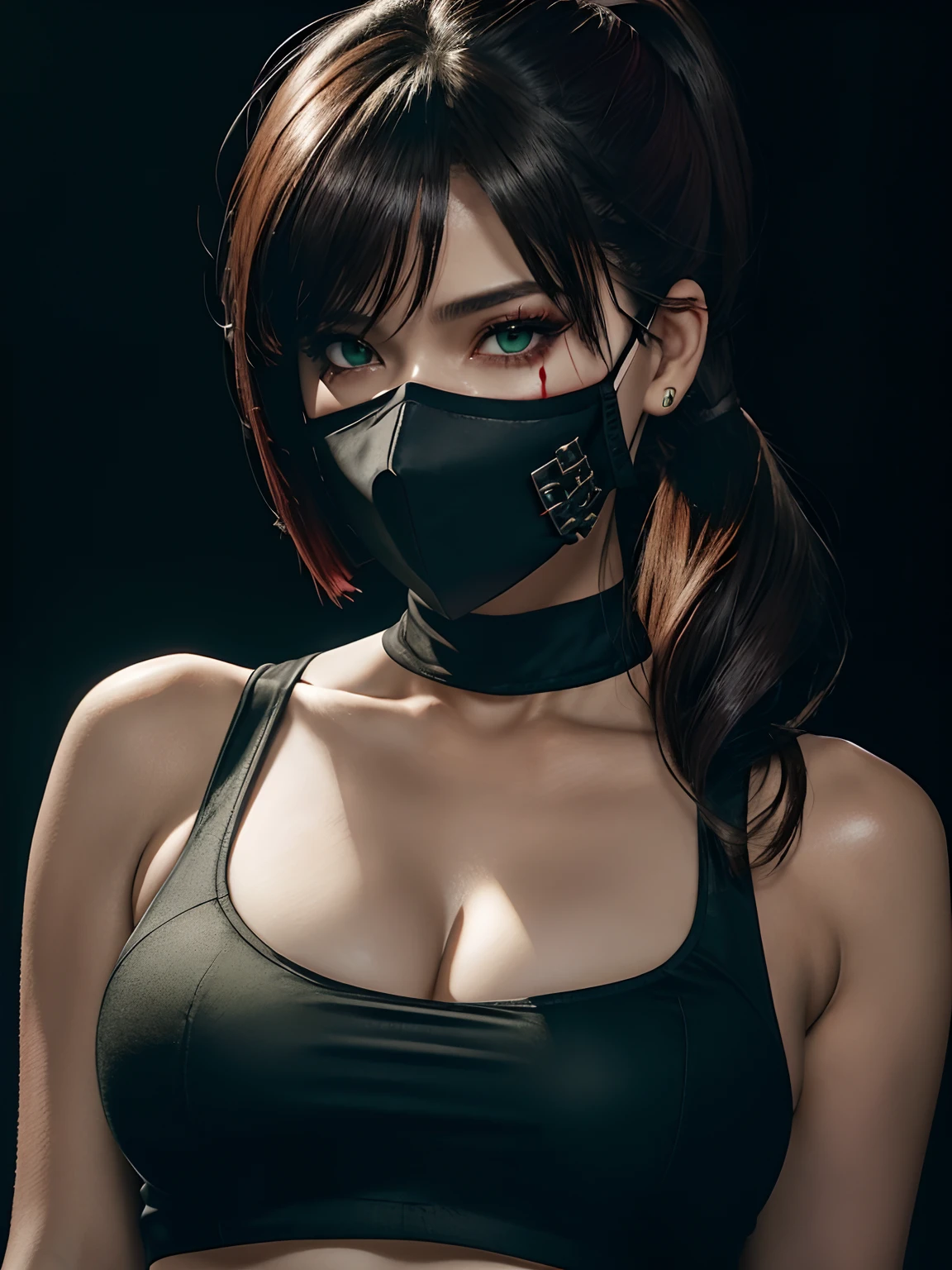 Female Vtuber version of Kaneki, crop top, sexy, busty, large breasts, nearly naked, sfw, kk, best quality, more details, masterpiece, 1 girl kaneki ken, portrait, half close-up, female focus, green eyes, solo, mask, black nails, bangs, looking at viewer, blurry black background, hand up, pony tail, nail polish, mouth mask, teeth, brown hair, black mask, luxurious, 8k, detailed, ray tracing, depth of field, cinematic lighting, blood,