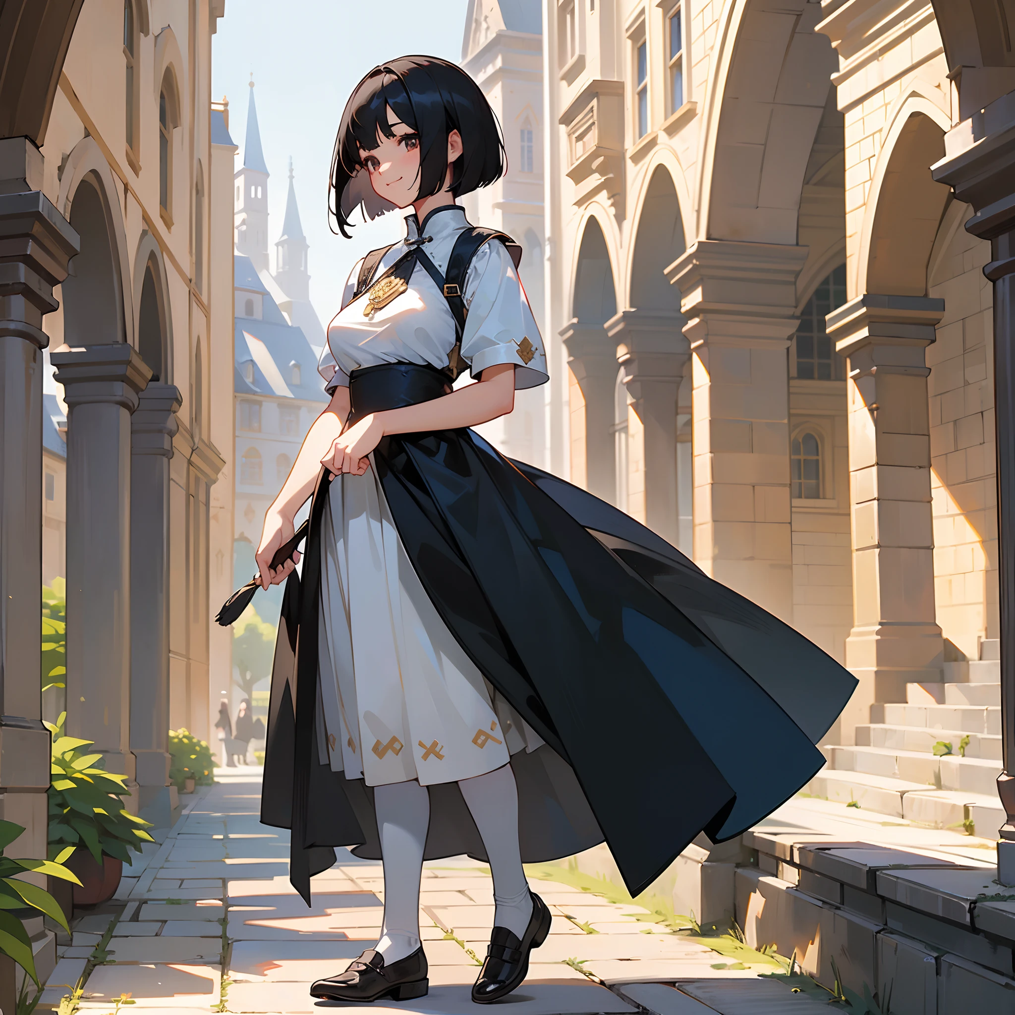 With the best image quality、Teenage girl standing alone outdoors。In high resolution、Beautiful fine details、tranquil atmosphere。((Black Hair Bob Hair))、Cute smile。(((breasts are large)))、I don't have anything in my hands、realistic hand、(Medieval European national costume with short sleeves)、Medieval European Streets、Leather shoes。