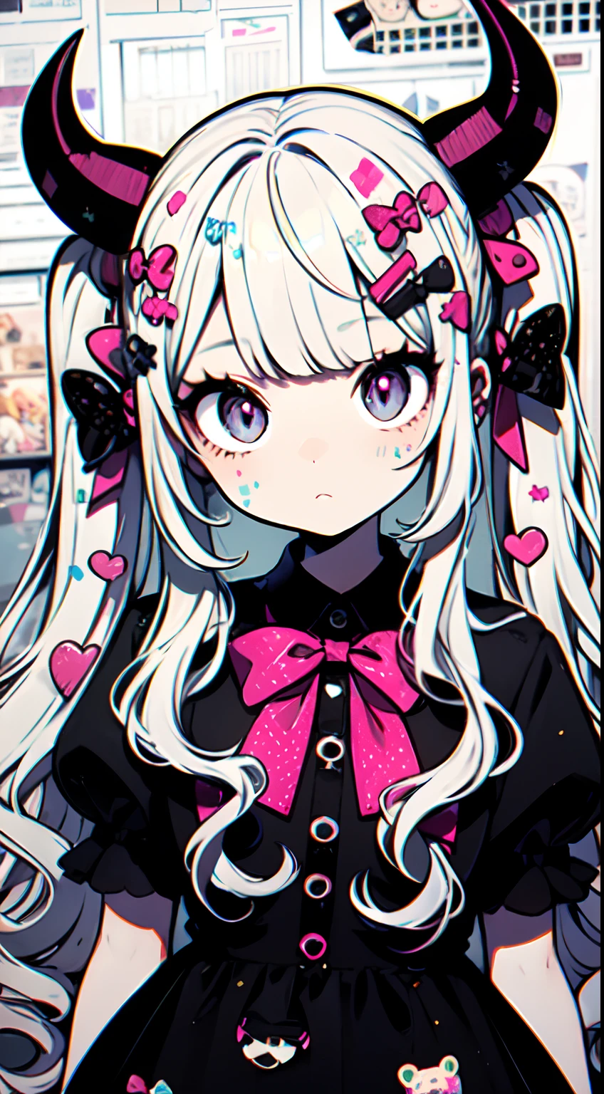 masterpiece, best quality, ultra detailed, beautiful shading, cinematic lighting, studio lights, cute, kawaii, big eyes, flower pattern on pupil, shaped pupil, cute polka dot pattern on bows, plaid, light pink colored hair, voluminous wavy twin-tails, blunt bangs, straight bangs, purple pupils, Wear black dress, Sweet girl with pure white, full body, full shot, horns, little devil, wow, retro, hairclips, decora, a lot of accessories