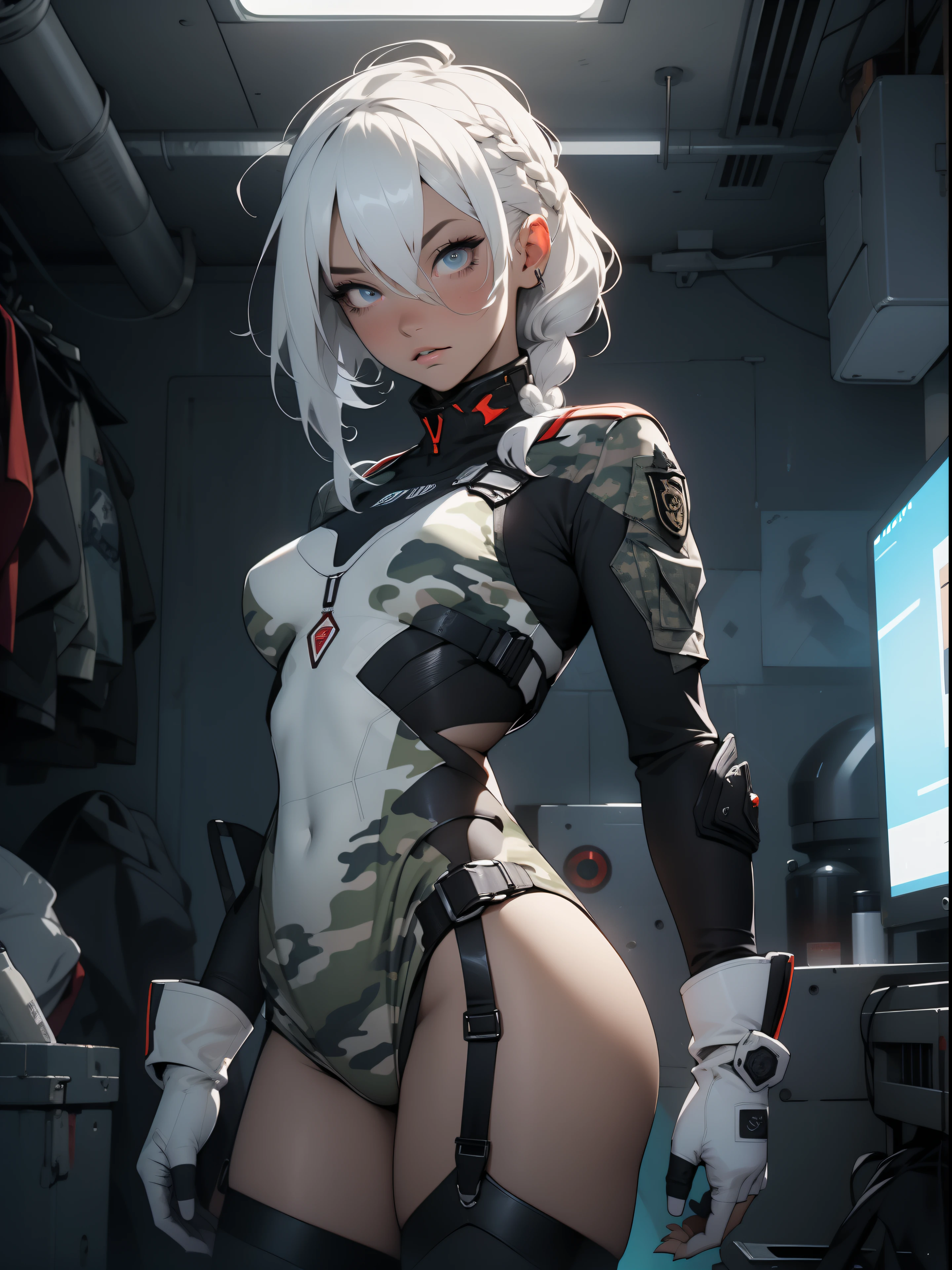 ((Best quality)), ((masterpiece)), (detailed: 1.4), (Absurd), War-ready female fighter pilot with military helmet, Marine, dark skin, defined muscular sculptural body, full body, bare half-thick thighs, closed mouth, muscular body covered in technological clothing, cyberpunk, semi naked, generous neckline, ((perfect medium breasts)), (super light blue eyes without pupils), (((military camouflage clothing)), (((white hair with braid)))), long eyelashes heavy makeup, garter belt, by mucha, niji --V5, close to real, psychopathic, crazy face, sexy pose, background with a giant head of Neon style robot Genesis evangelion, 2 piece clothing, shoulder pads with airplane wings, pastel, centered, scale to fit the dimensions, HDR (High Dynamic Range),Ray Tracing, NVIDIA RTX,Super-Resolution,Unreal 5,Subsurface Dispersion, PBR Texture, Post-processing, Anisotropic filtering, Depth of field, Maximum clarity and sharpness, Multilayer textures, Albedo and specular maps, Surface shading, Accurate simulation of light-material interaction, Perfect proportions, Octane Render, Two-tone lighting, Wide aperture, Low ISO, White balance, Rule of thirds, 8K RAW, crysisnanosuit