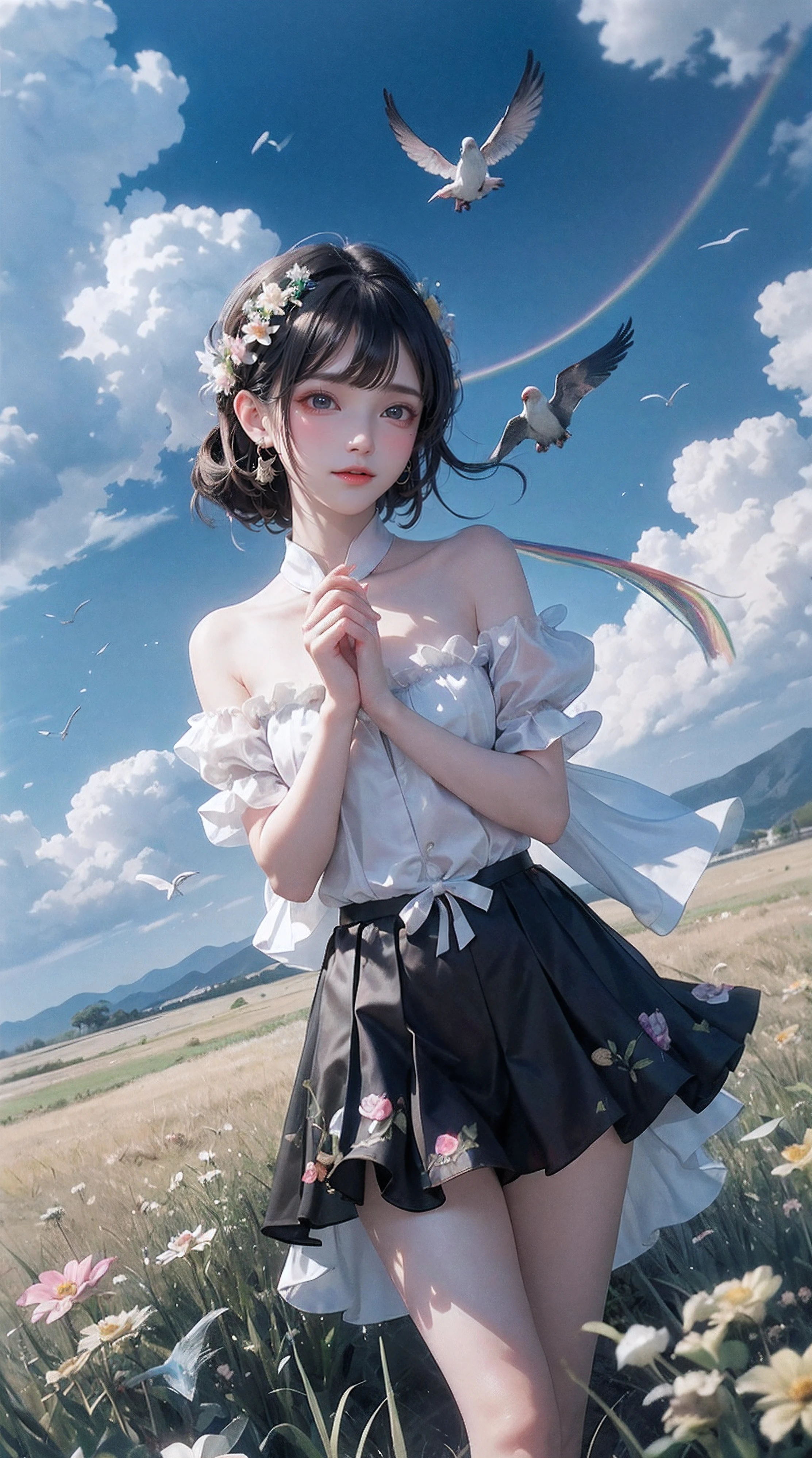 Gentle and beautiful rainbow birds return to nature,With the wind、clouds、florals、The grass blends into one,Be part of an endless cycle in nature。