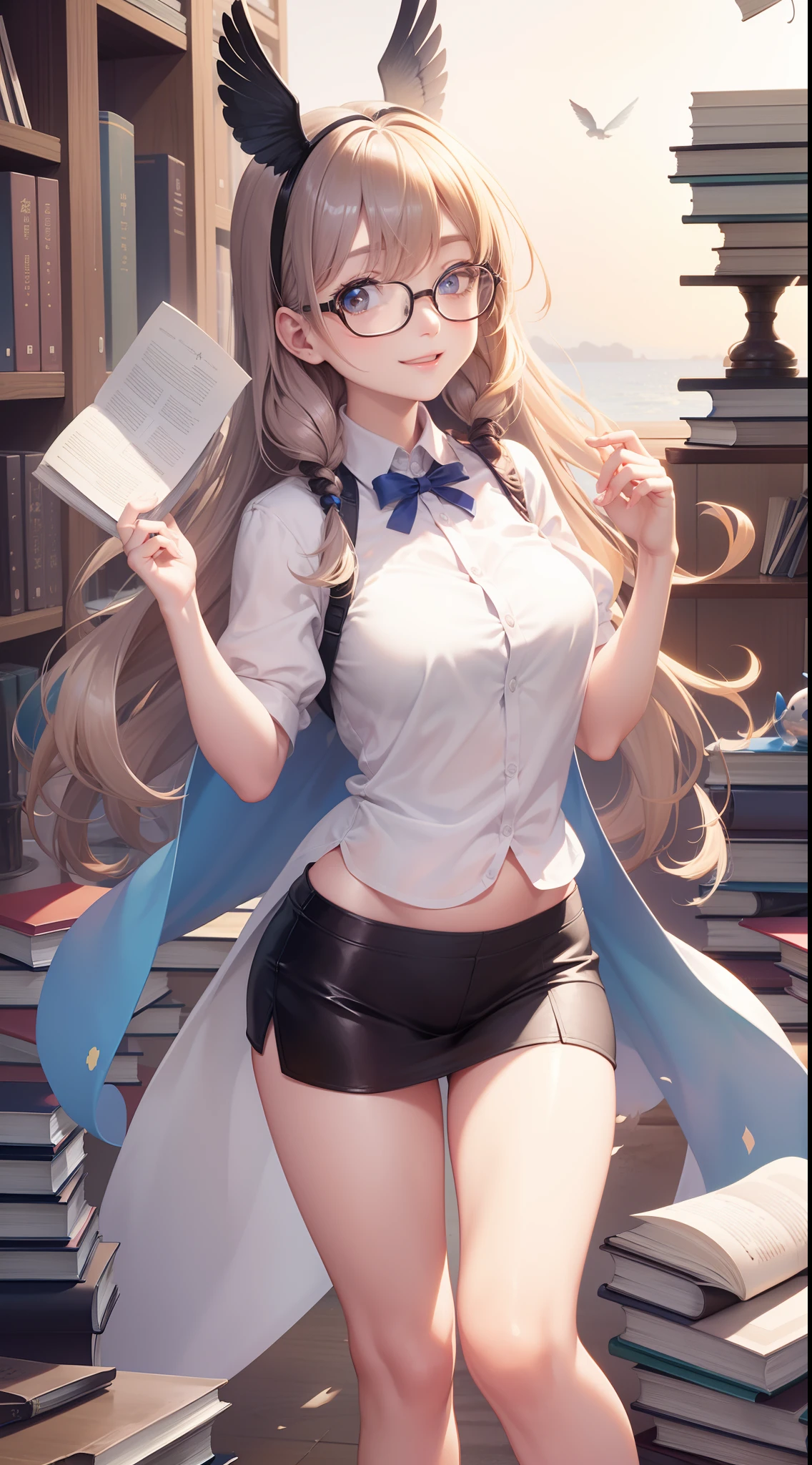 balloons,Winged girl,Large breasts,Intimate underwear,sandbeach,blue-sky,baiyun,(Books:1.4),Very many books,Super many books,Long brown hair, Floating hair, side locks, Beautiful detailed glass hair, Delicate beautiful face,Wearing glasses, Happy smile