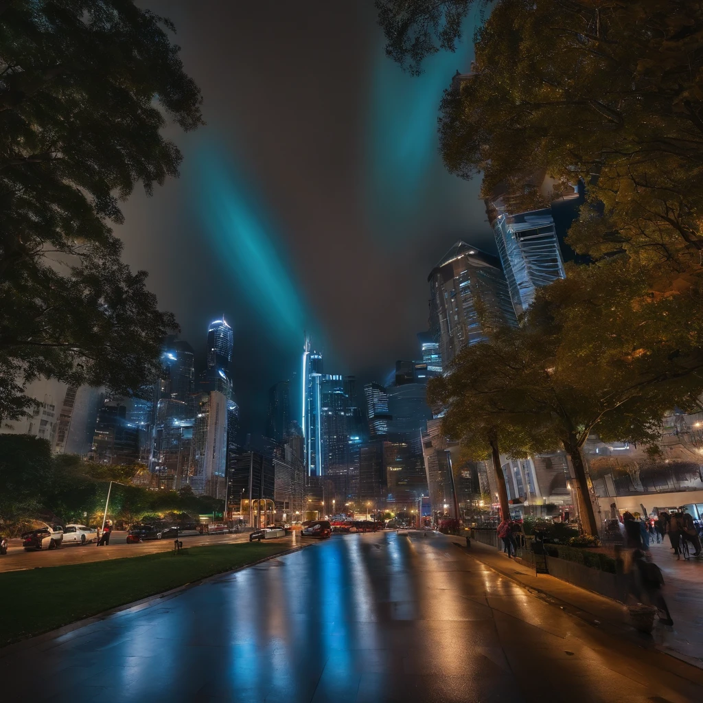 urban buildings,(People are looking at the sky:1.3),in a panoramic view,(plethora of colors,Best quality,high detal,tmasterpiece,cinmatic lighting,4K,Chiaroscuro)