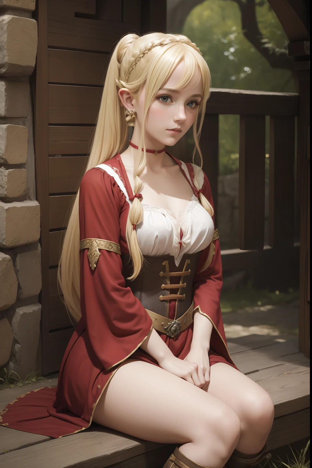 far view, sexy, girl, young, long to heels straight blond hair, green eyes, peasant clothes, caring look, very large breasts, carries a wildflower in her hand, old village in the background, realistic eyes, detailed face, detailed hands, detailed legs, detailed fingers, detailed hair, detailed eyes, detailed skin, dynamic lighting, (photorealistic:1.4), 8k uhd, (hyper realistic), (photo realistic), (masterpiece), (best quality)