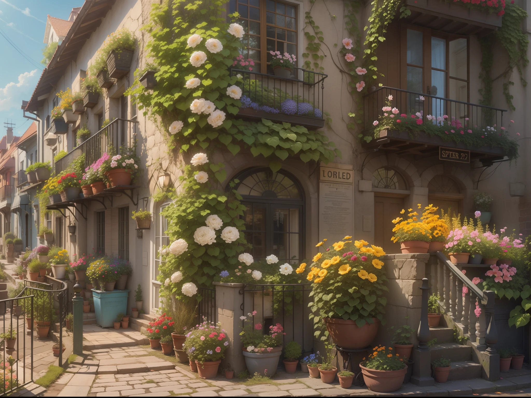 A corner of the street, Upstairs and downstairs are full of flowers, and the sun was shining brightly, the detail, 4K, k hd, high high quality