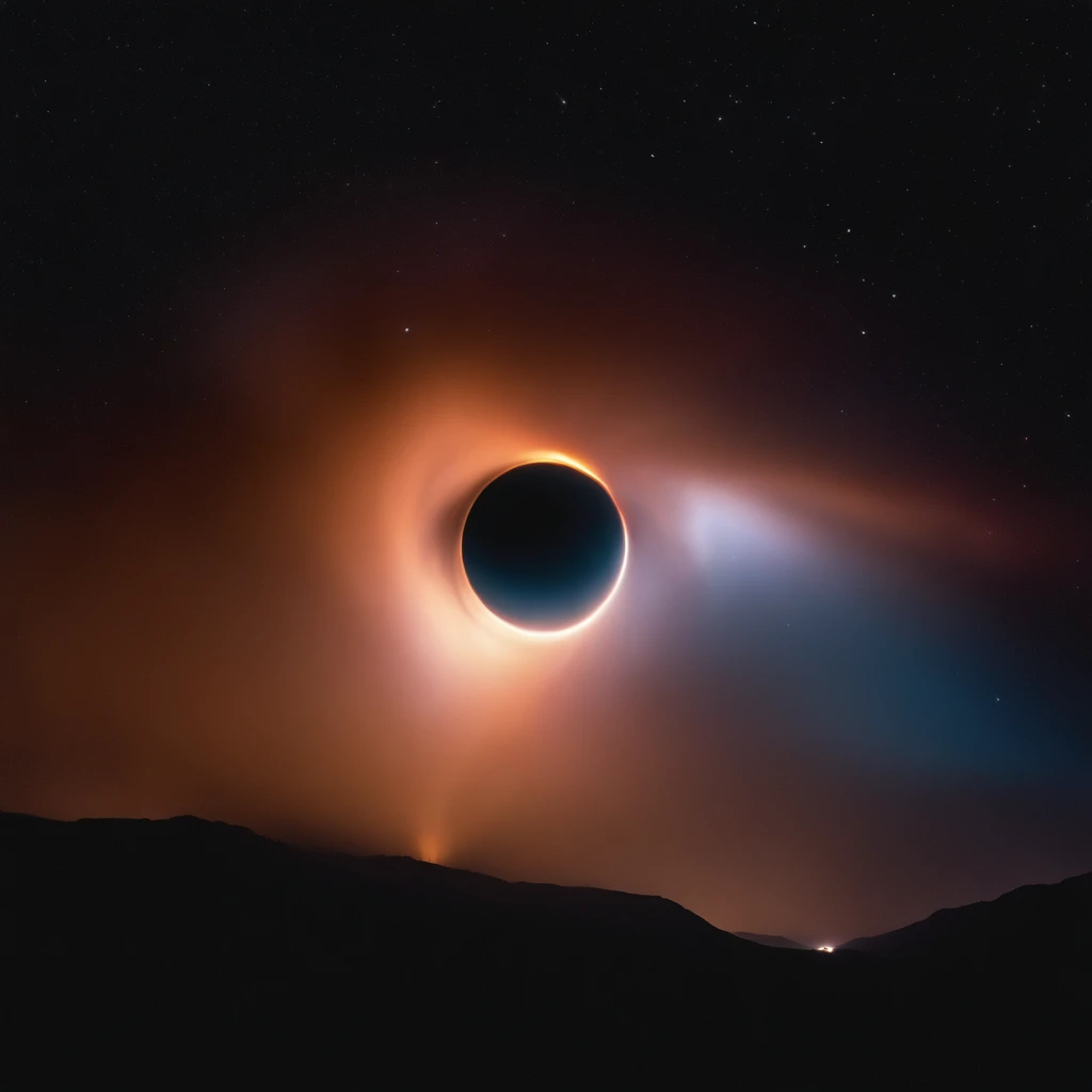 (A huge black hole appears in the sky:1.3)，in a panoramic view，（plethora of colors，Best quality，high detal，tmasterpiece，cinmatic lighting，4K，Chiaroscuro）