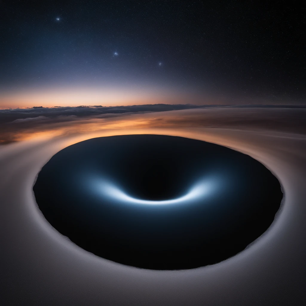 (A huge black hole appears in the sky:1.3)，in a panoramic view，（plethora of colors，Best quality，high detal，tmasterpiece，cinmatic lighting，4K，Chiaroscuro）