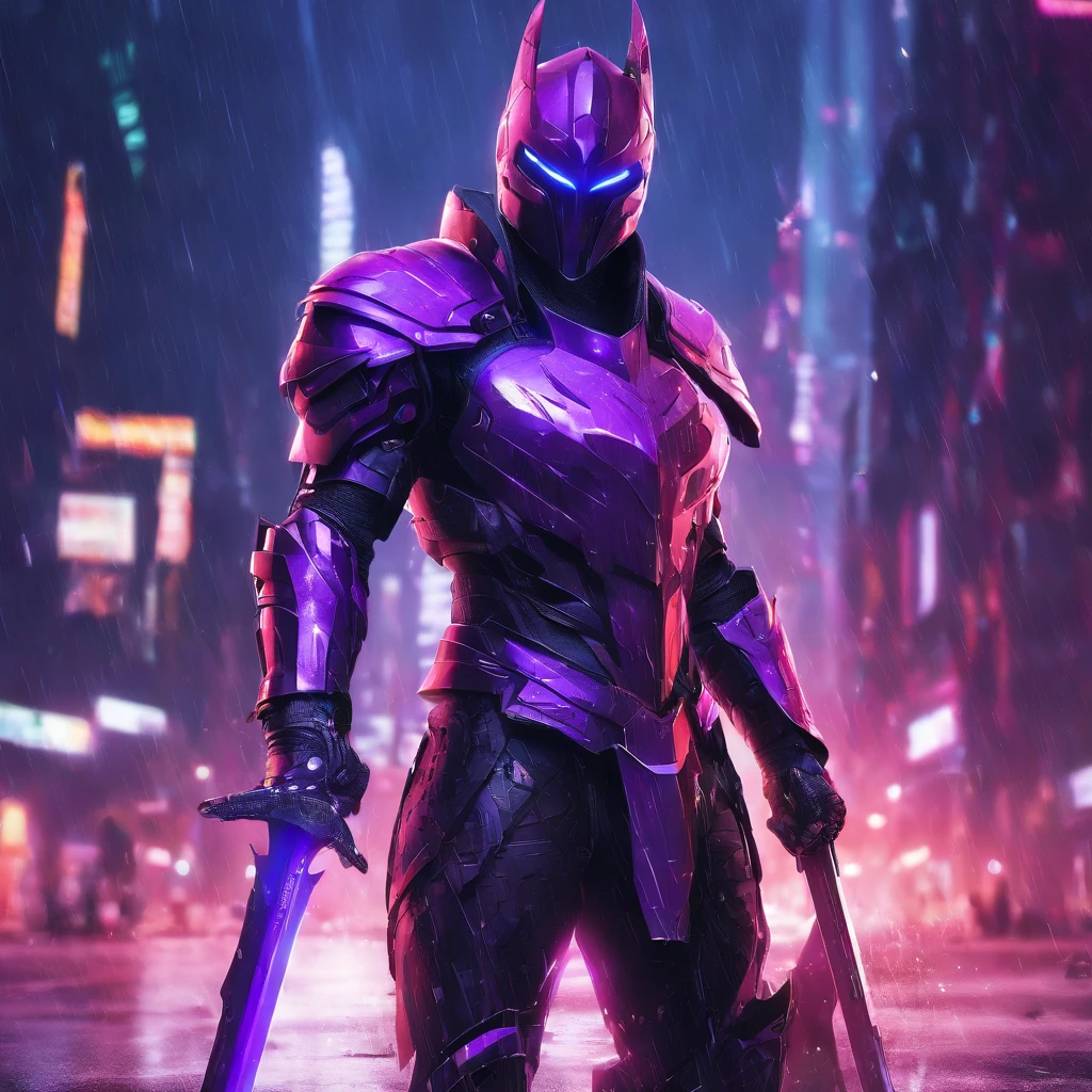 arafed knight with a purple sword in the rain, cyberpunk knight, fantasy style 8 k octane render, amazing 8k character concept art, concept art. 8 k, 4k concept art and hyper realism, trending on artstation.', 8 k high detail concept art, cyberpunk batman, menacing. unreal 5, trending on artstation:3, cyberpunk gladiator