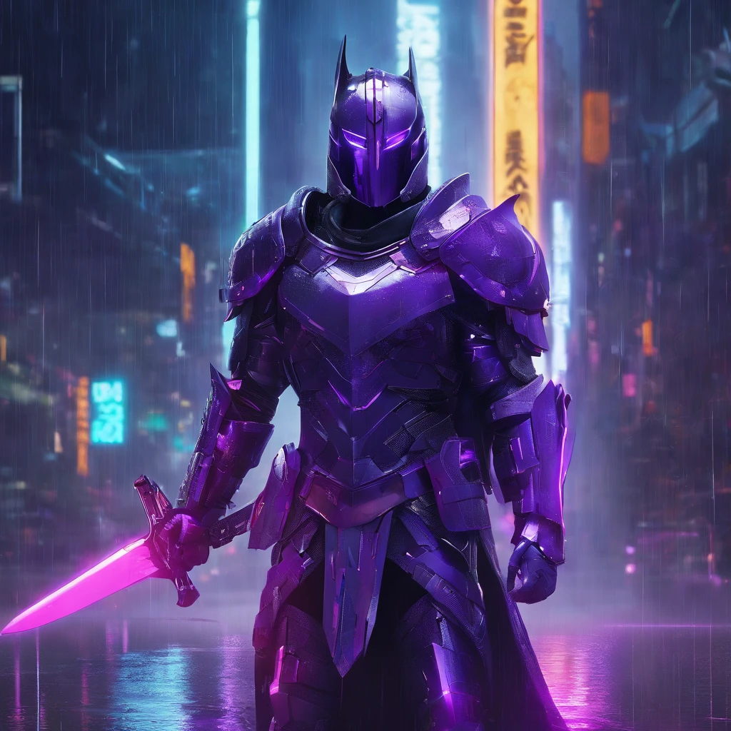 arafed knight with a purple sword in the rain, cyberpunk knight, fantasy style 8 k octane render, amazing 8k character concept art, concept art. 8 k, 4k concept art and hyper realism, trending on artstation.', 8 k high detail concept art, cyberpunk batman, menacing. unreal 5, trending on artstation:3, cyberpunk gladiator