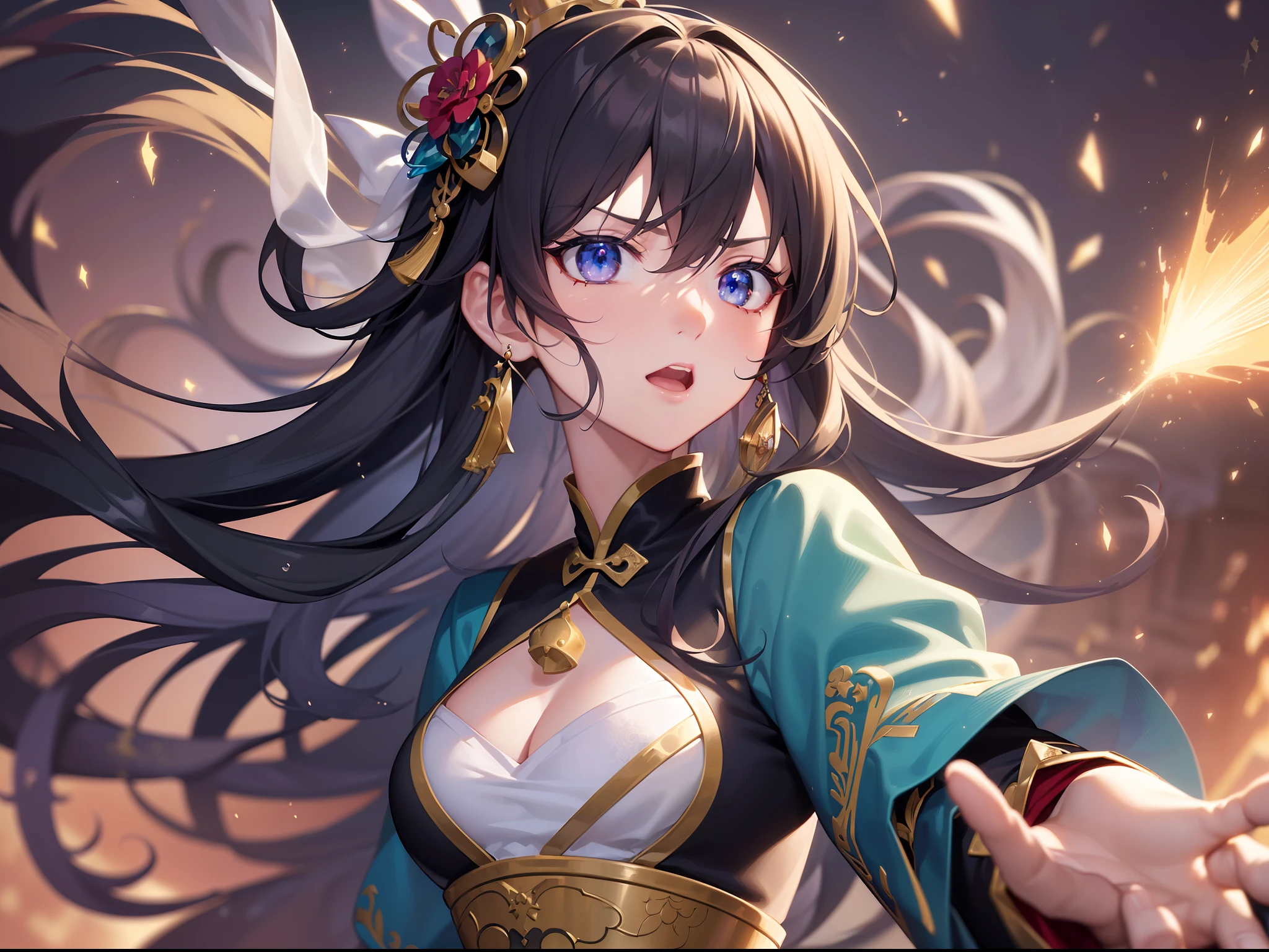 ((Finest quality)),(超A high resolution),(ultra-detailliert),((Best Anime)),sharpnes,vivid:1.1,Chinese fantasy art with amazing depictions,Sparks raining down:1.3,Dynamic poses:1.4,Crisis situation:1.8 (1 Princess Swordsman:1.1,(Dense and detailed hu clothes:1.4),Serious gaze)