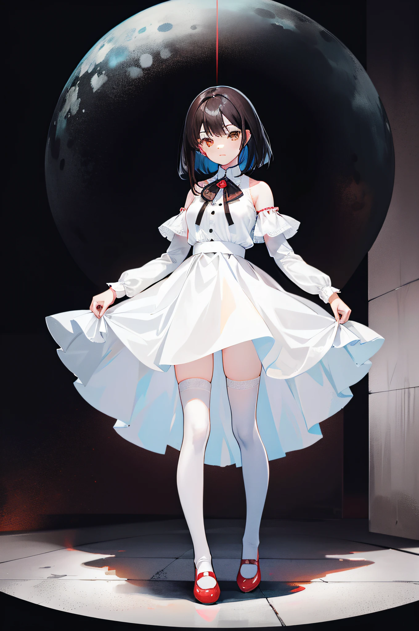 A girl with shoulder-length black hair, Dark brown eyes,Excellent figure,wearing a white skirt,white stockings,Red shoes,standing on your feet