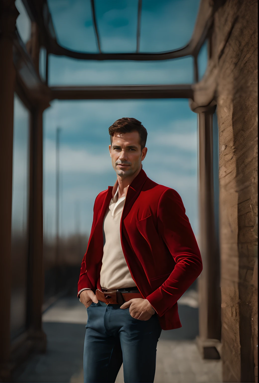 Un homme en rouge, Le style de Patrick Demarchelier. Dressed in a red velvet jacket and blue jeans , Grand et en forme, (40 years old:1.3), (shaven:1.2), (short brown curl hair:1.5),(very short hair:1.6). in the style of ethereal beauty, Realistic blue sky, Hasselblad 1600F, Hyper-realistic portrait, couleurs vives, Lignes dynamiques, lisse et poli .