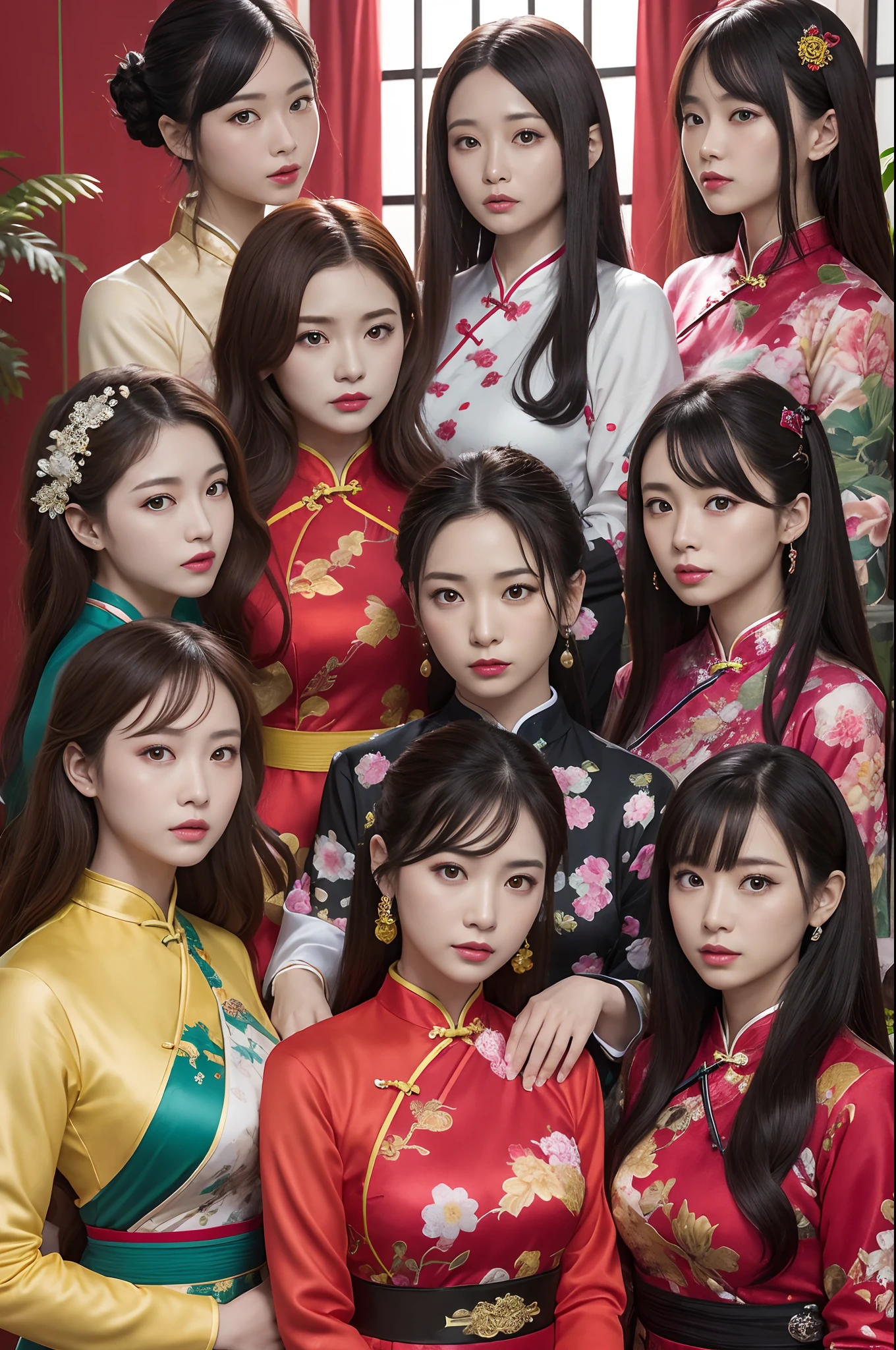 Outrageous resolution、A high resolution、(tmasterpiece:1.4)、ultra - detailed、Clear detail、Dramatic and photorealistic pictorial art、Super Sendai series、All in the cheongsam(Reddish、Verdant、A black、amarelo、pink there、Fivesome)Heroes of justice、Decide to change poses、
