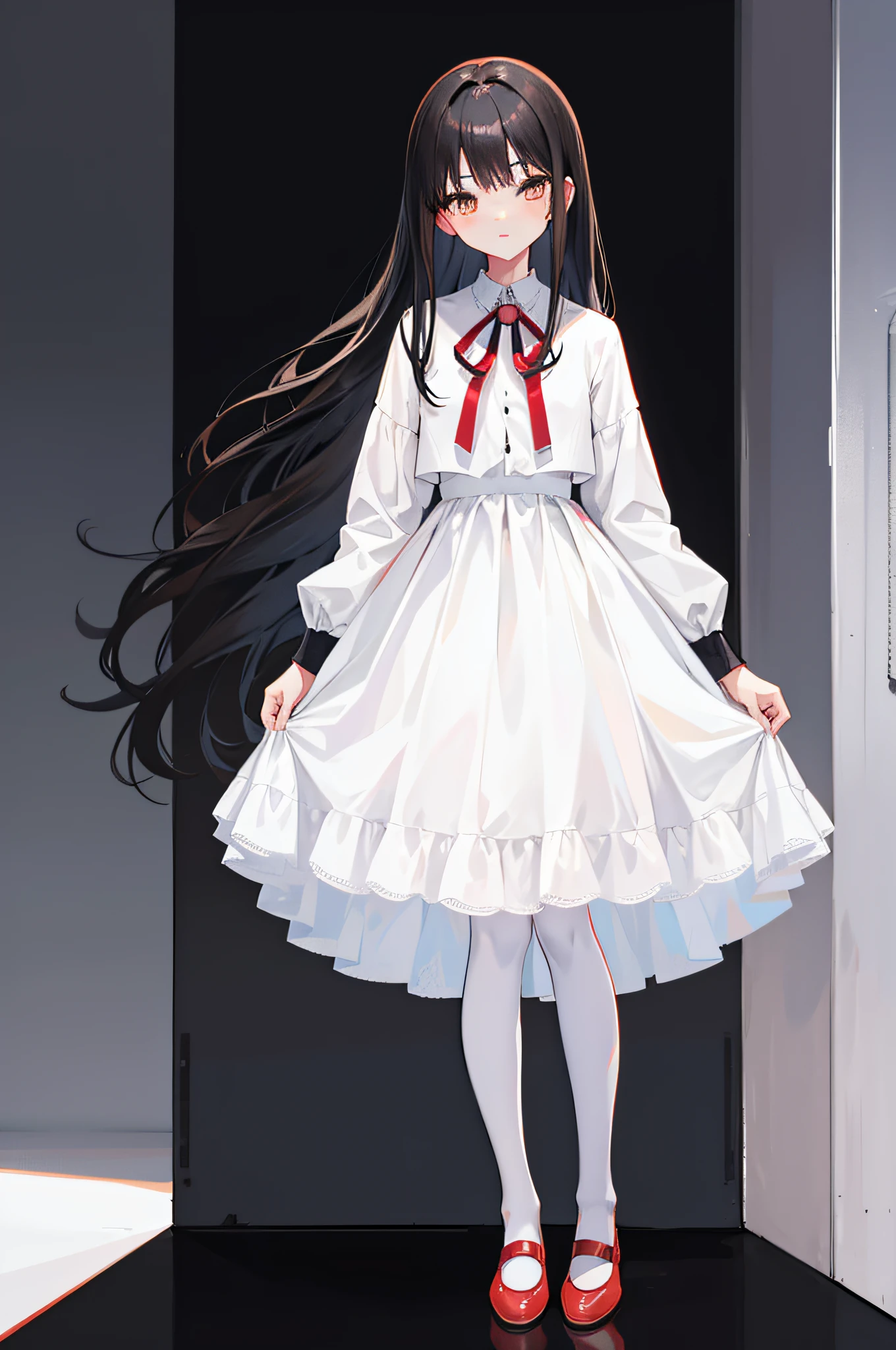 A girl with shoulder-length black hair, Dark brown eyes，Excellent figure，wearing a white skirt，white stockings，Red shoes，standing on your feet