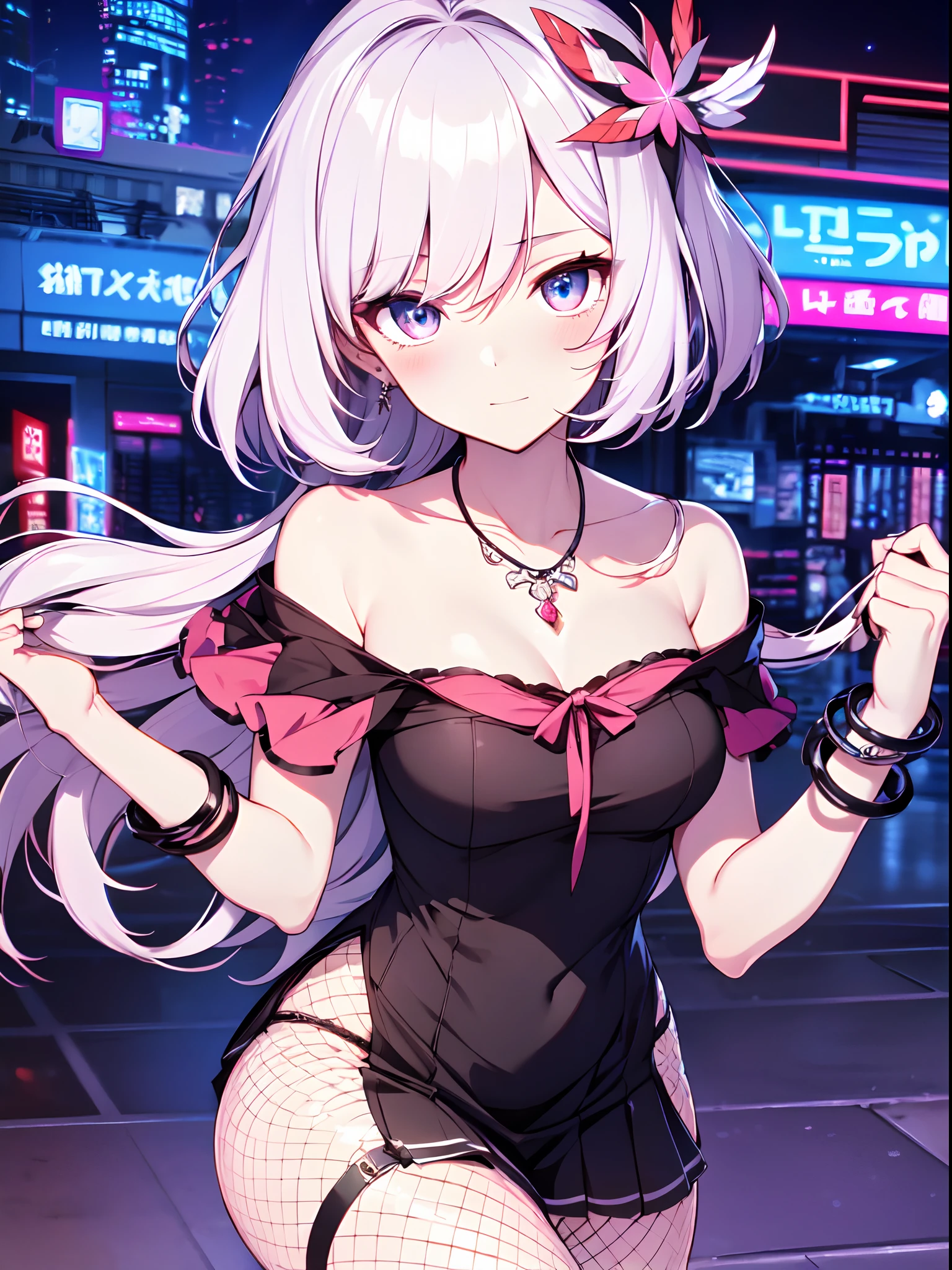 ((masterpiece)), ((Best Quality)), anime style, 1girl, solo, The most detailed skin, Off-shoulder top, short pleated skirt, lace garter belt, fishnet tights, ankle boots, simple silver necklace, silver bangle on the wrist, //, Stunned expression, Girl with troubled face, Ecstasy, (sexual expression), smile, blush, Red face, //, large breasts, voluptuous body, //, Short cut, hair, pink and white ombre hair color, (beautiful eyes), white skin, //, City intersection, neon lights with night sky, (thick lines:1.2)