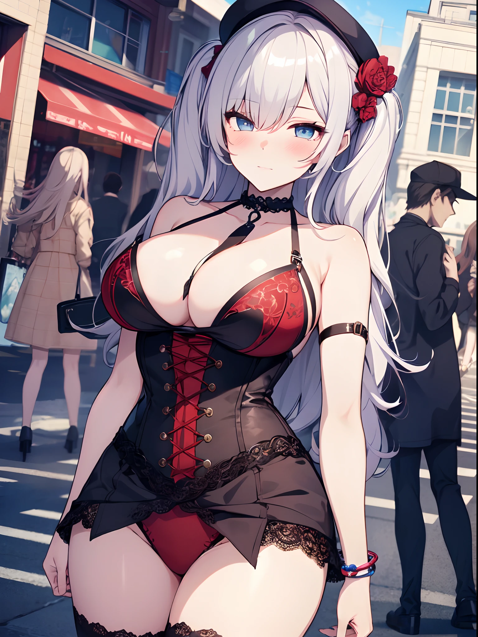 ((masterpiece)), ((Best Quality)), anime style, 1girl, solo, The most detailed skin, Lace blouse, corset, high-waist skirt, knee-high stockings, a hint of lace underwear showing, short-heeled boots, choker around the neck, lace bracelet on the wrist, //, Stunned expression, Girl with troubled face, Ecstasy, (sexual expression), smile, blush, Red face, //, large breasts, voluptuous body, //, Twin tails hair, Pale lavender hair color, (beautiful eyes), white skin, //, Downtown, in front of a cafe, with people passing by, (thick lines:1.2)