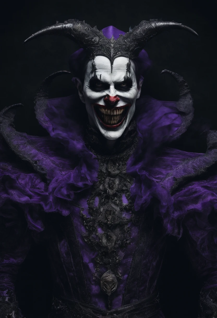 best quality,highres,ultra-detailed,portraits,horror,sharp focus,Kefka Palazzo,maniacal laughter,insane expression,elaborate costume,purple makeup,evil smile,distorted face,crazy clown,menacing presence,intense eyes,dark lighting,creepy atmosphere,sinister background,hauntingly beautiful,split personality,madness unleashed,nightmare-inducing,nightmarish villain,chaotic energy,jester hat,palace backdrop,fire and destruction,ominous aura,diabolical laughter,manipulative genius,supreme power,world domination,unraveled sanity,malevolent intentions,chaos personified