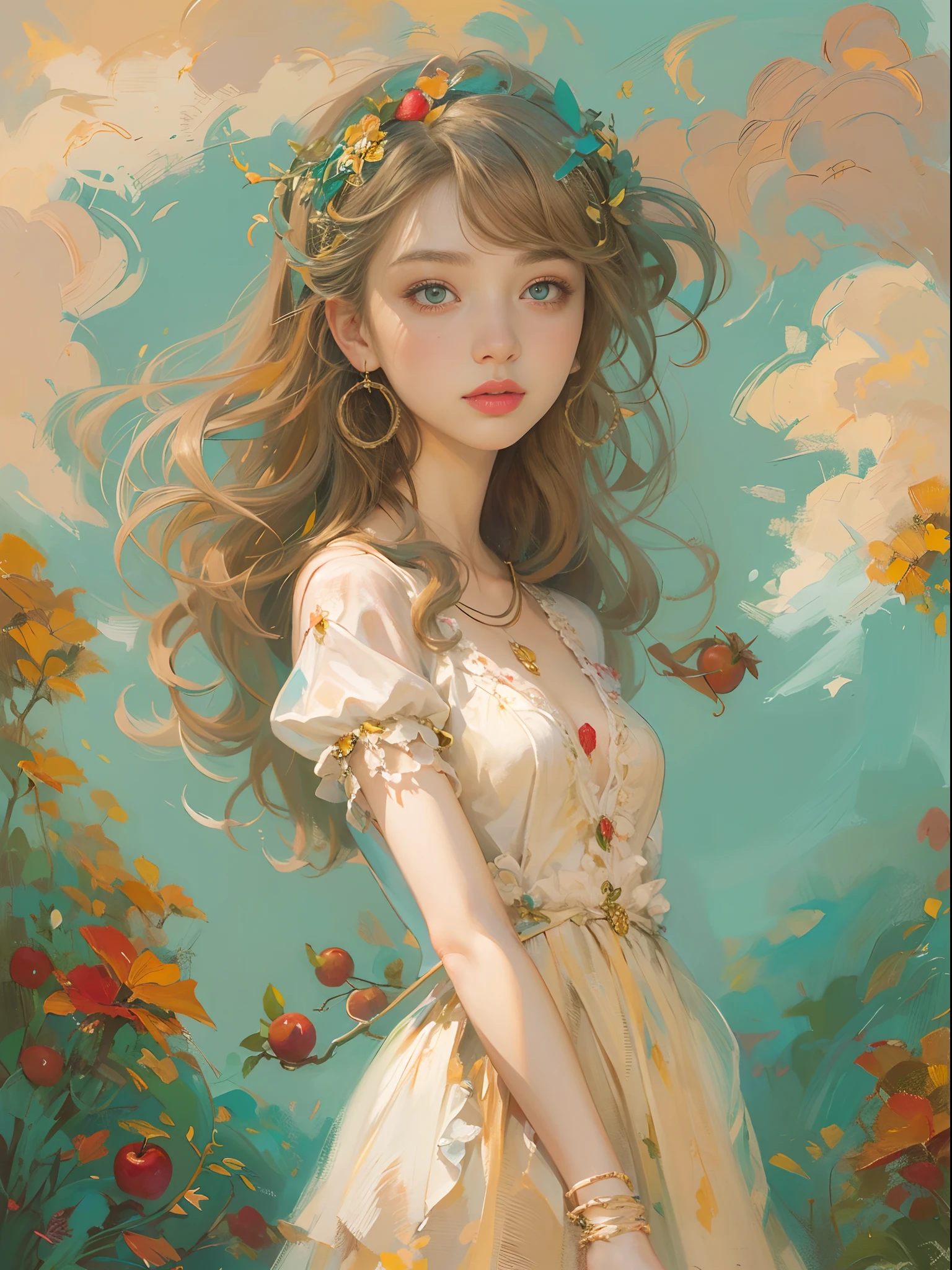 Graphic illustration,Vector illustration,oil painted。((An oil painting,Draw a portrait of a maiden,Slender neck,Eyes looking upwards,Red face,Cyan apple on the head,Look to the lens)),Pink clouds on turquoise sky。Girly brown curly hair,Yellow skirt,Warm color scheme,Thick lips,Large pale green eyes,Oil brush strokes,Delicate hair,Sweet color,Illustration style, portrait of a fairy, fantasy portrait