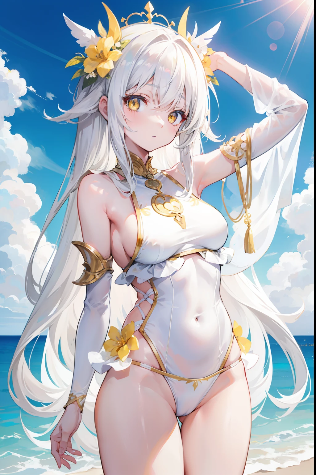 Anime girl, long white hair adorned with acessories, beautiful detailed yellow eyes, fair skin, in a white two-piece swimsuit at the beach, beautiful background, good anatomy, looking at viewer, tying her hair, 8k, high resolution